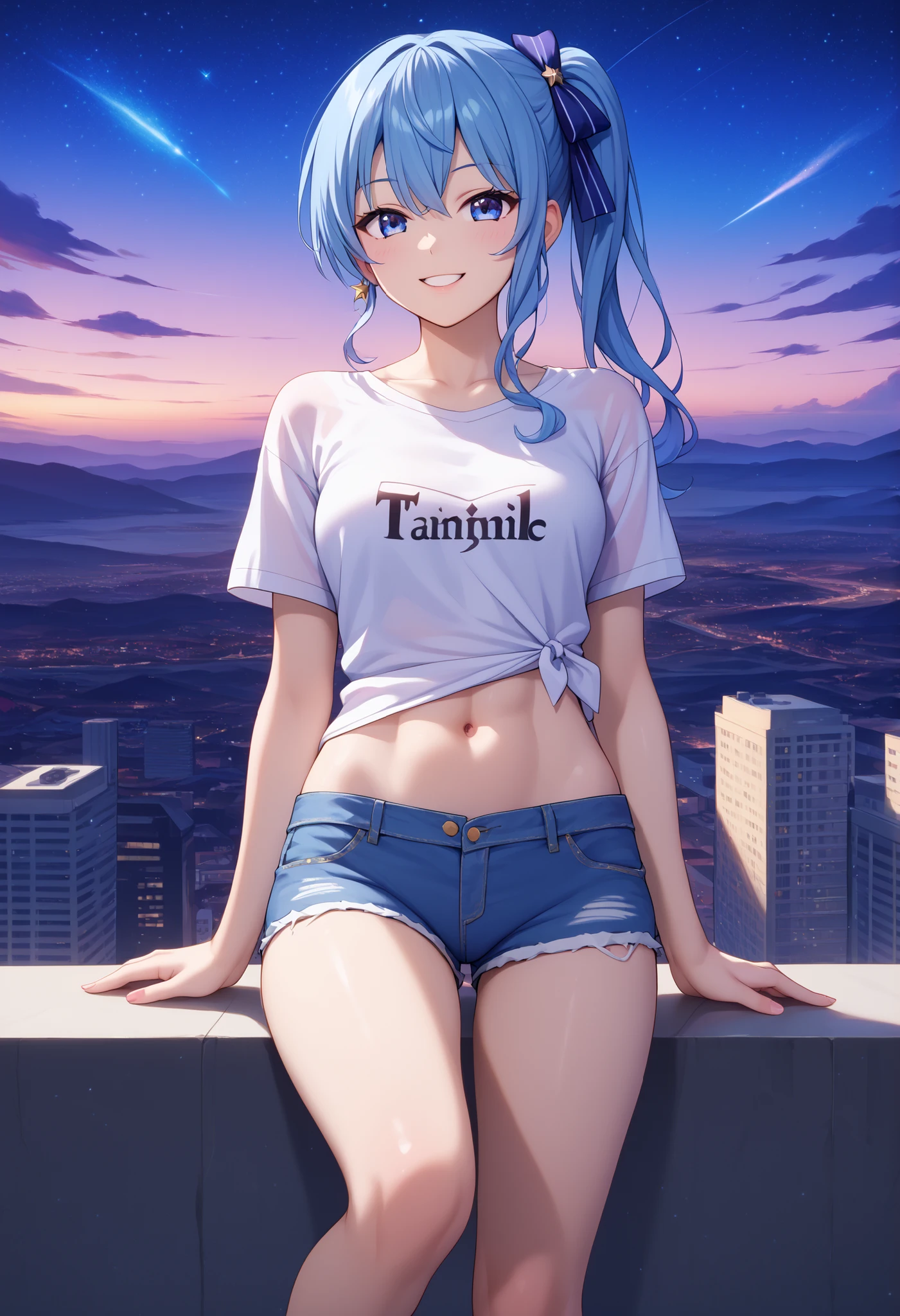 masterpiece, best quality, integrated scenery, integrated background, extremely delicate and beautiful, meticulous details, good composition, , cute face, perfect face, perfect hands,(8k、Best image quality、highest quality)、Detailed face、 1teen_girl、Blue Hair、Long Hair、sideponytail、dark_blue_eyes、smile,(peek_navel:0.7),(small_breasts:0.5),(White_T-shirt:1.3)、Off_shoulder、Black shoulder straps、(open_front_shorts,denim_short_shorts:1.2)、City Background, starry_sky_landscape ,hoshimachi suisei, (belly_button:1.2),nihil,solo,stargaze,girl_looking_up_sky,slender,solo,boots,abs, tight_waist, point_to_sky,slender_thighs,knees