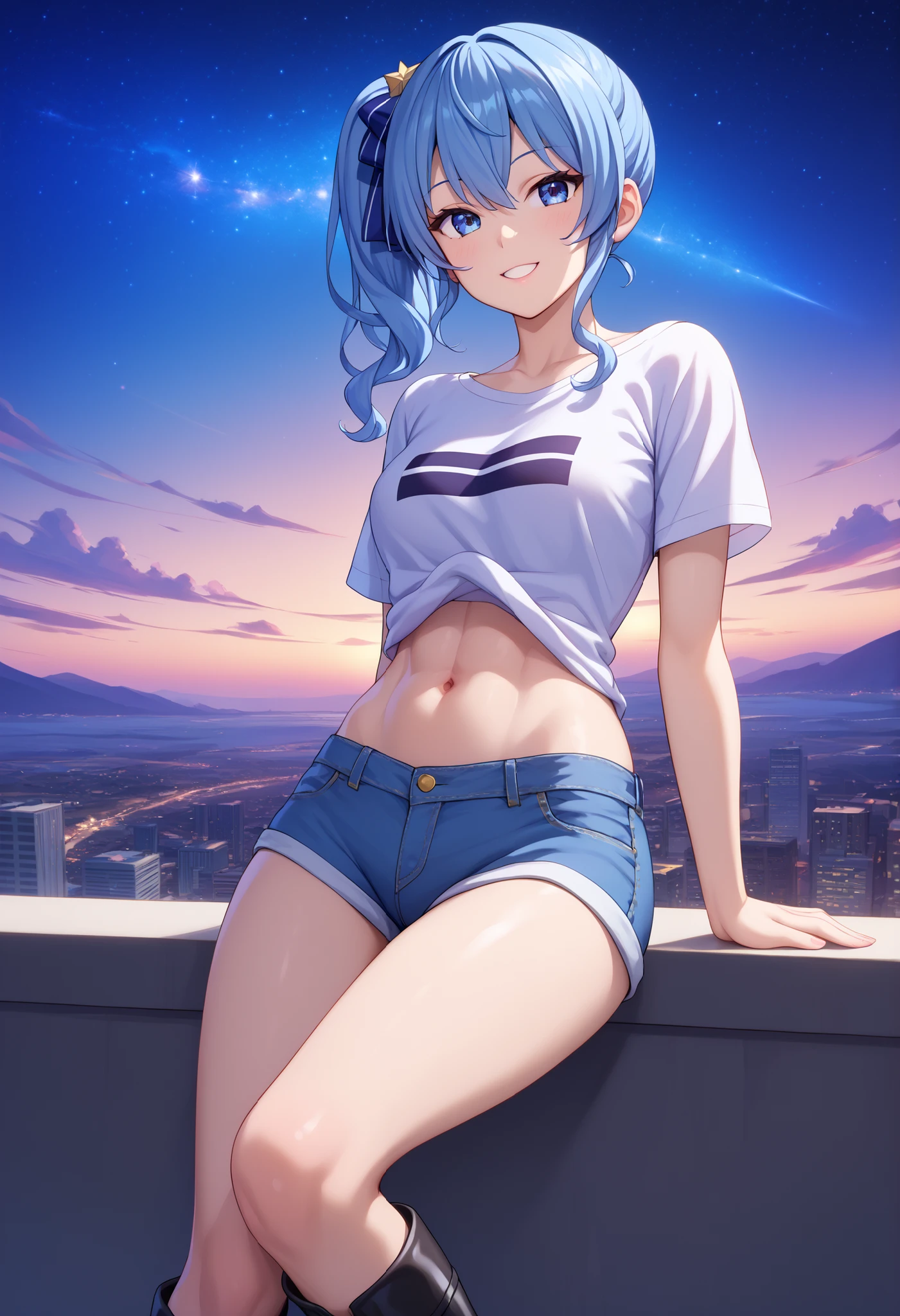 masterpiece, best quality, integrated scenery, integrated background, extremely delicate and beautiful, meticulous details, good composition, , cute face, perfect face, perfect hands,(8k、Best image quality、highest quality)、Detailed face、 1teen_girl、Blue Hair、Long Hair、sideponytail、dark_blue_eyes、smile,(peek_navel:0.7),(small_breasts:0.5),(White_T-shirt:1.3)、Off_shoulder、Black shoulder straps、(open_front_shorts,denim_short_shorts:1.2)、City Background, starry_sky_landscape ,hoshimachi suisei, (belly_button:1.2),nihil,solo,stargaze,girl_looking_up_sky,slender,solo,boots,abs, tight_waist, point_to_sky,slender_thighs,knees