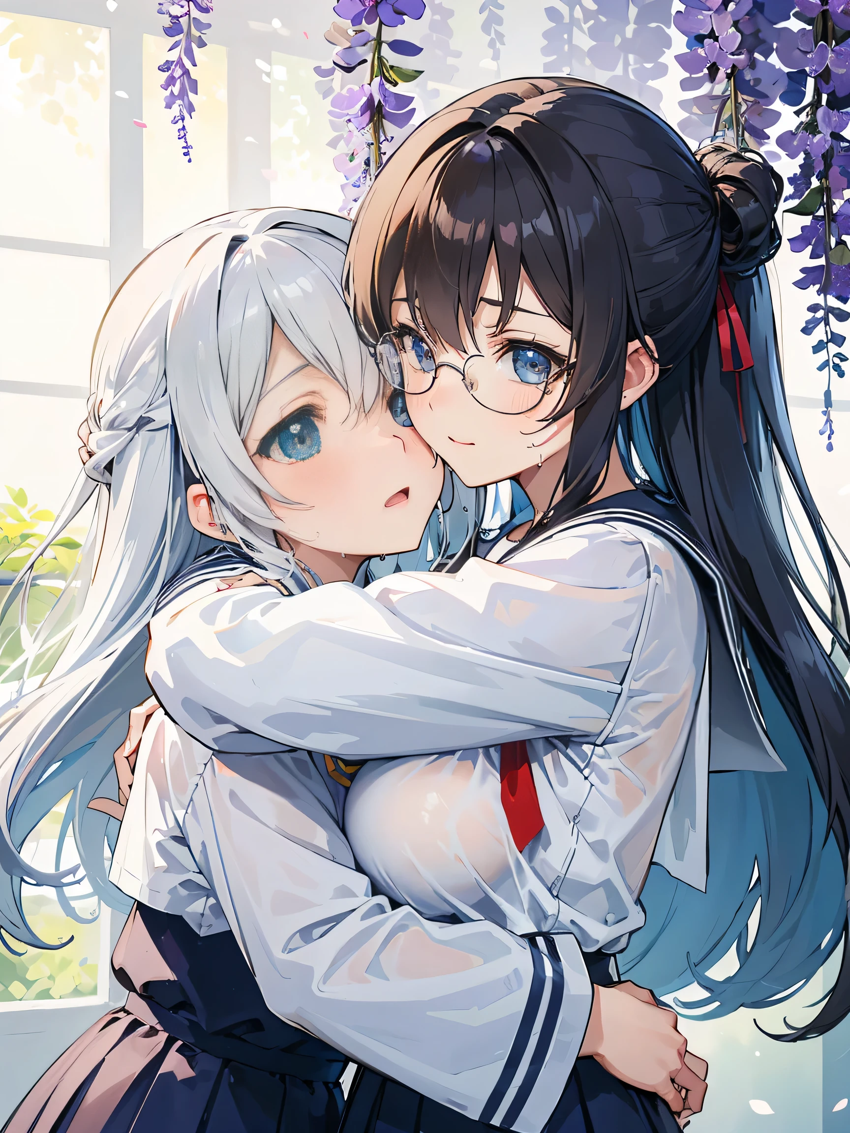 (score_9, score_8_up, score_7_up), source_Anime, absurd_res, white, blue, black, 2girls, duo, multiple girls, upper body, super fine illustration, an extremely delicate and beautiful, best quality, masterpiece, 8K, spring setting, wisteria flowers, gentle breeze, sunlight filtering through trees, BREAK
right girl is(long black hair:1.3, half updo:1.3, brown eyes:1.3, wearing glasses:1.3, round eyewear:1.3, thick eyebrows:1.3, sagging eyes:1.3, hair ribbon with light blue, ample breasts, white sailor school uniform:1.3, red tie, black pleated skirt, wet clotch, wet body, ultra-beautiful girl), BREAK
fluttering hair, gentle smile, blushing faces, surprised expression, embarrassed reaction, yuri:1.3, lesbian foreplay:1.3, looking viewers:1.3, mutual hug:1.3, breast press:1.3, dynamic pose, BREAK
left girl is(long silver hair:1.3, two side-up:1.2, blue eyes:1.2, hair ribbon with black, ample breasts, white sailor school uniform:1.3, red tie, black pleated skirt, wet clotch, wet body, ultra-beautiful girl), BREAK
soft fabric movement, fluttering petals, warm and bright atmosphere, soft lighting, delicate color palette, detailed clothing folds, flowing hair, lively spring vibe, highly detailed rendering, breathtaking composition,