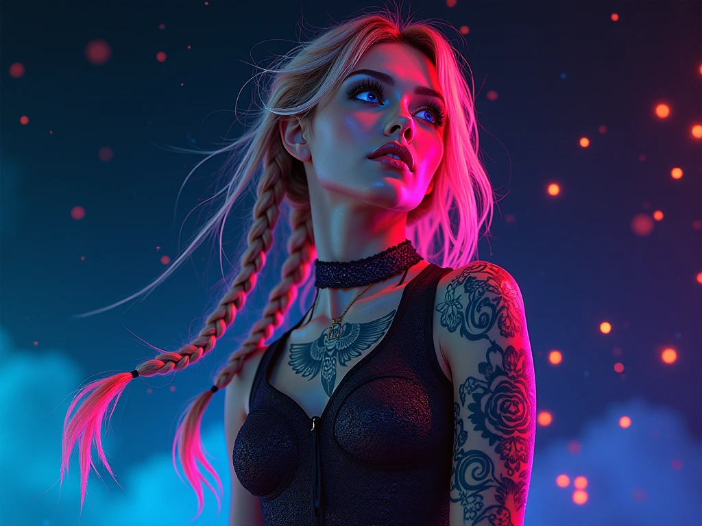 A full-body portrait of a (mystical woman:1.3) dressed in (sleek, futuristic urban attire:1.2). Her vibrant (rainbow neon tribal tattoos:1.5) glow with an (otherworldly radiance:1.4), capturing the viewer's attention. She has (long, flowing rainbow hair:1.4) that cascades around her, creating an ethereal aura. Break, Her eyes are (deep, enigmatic, filled with cosmic mystery), and her skin is (smooth, with a subtle luminescence:1.2). Her pose is (graceful, confident, slightly turned to the side) to accentuate the contours of her attire and tattoos. Break, The (striking black background:1.3) contrasts dramatically with the vibrant colors of her tattoos and hair, helping her stand out as the focal point of this mesmerizing and spiritual image. Break, Illuminated by (soft, ambient neon light:1.2), the environment is evocative of a (futuristic urban landscape), further enhancing the mystical and modern aspects of her presence. Break, The composition utilizes a (high-resolution, frontal angle) for clarity and impact, ensuring each detail of the tattoos and attire is portrayed vividly. Break, The overall atmosphere conveys a sense of (mysticism and spiritual transcendence), encouraging the viewer to ponder the fusion of technology and spirituality. Break, Additional elements include (subtle holographic effects) that enhance the futuristic vibe without detracting from the central figure's prominence.