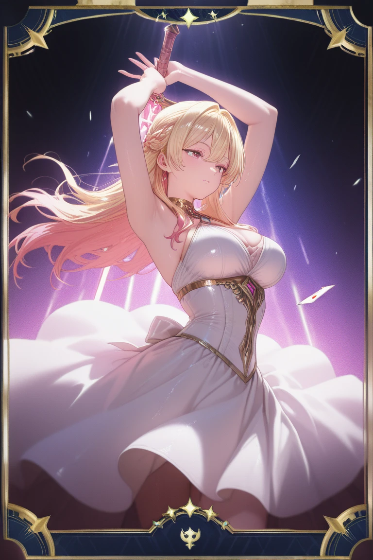 A woman with big ,(Gorgeous woman),Gorgeous red Rococo dance dress,Long blond hair,Exquisite,Protruding lower chest,(transparent),(See-through clothes),Showing belly,(Blush:1.2),Slender legs,School,Dancing show,