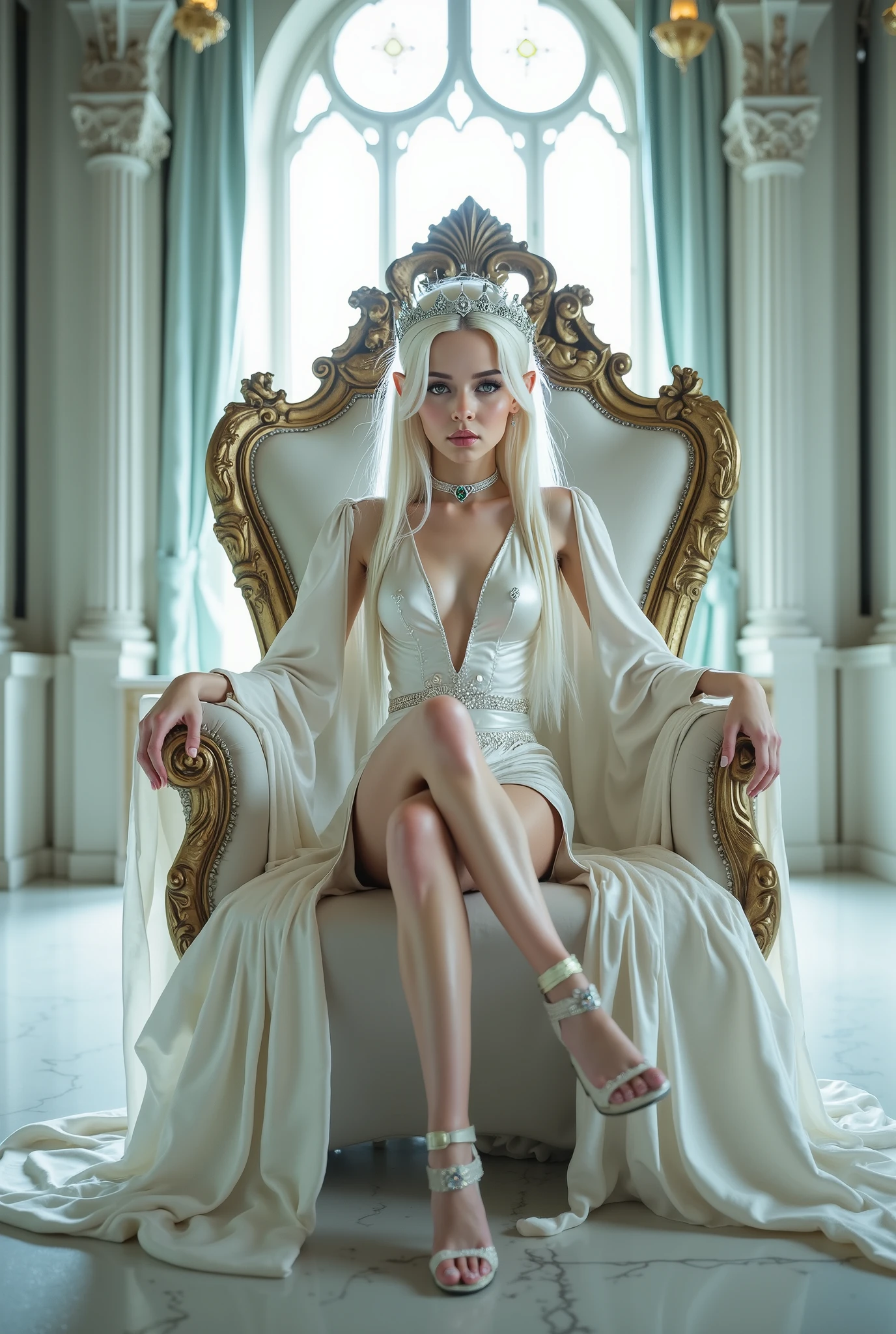 a vampire, vampire woman, with platinum hair, long hair, heavy, platinum hair, very white skin, skin as white as snow, red eyes, ruby eyes, sitting on a throne, a throne of bones. ( black dress,) big neckline, medium breasts, - 4k