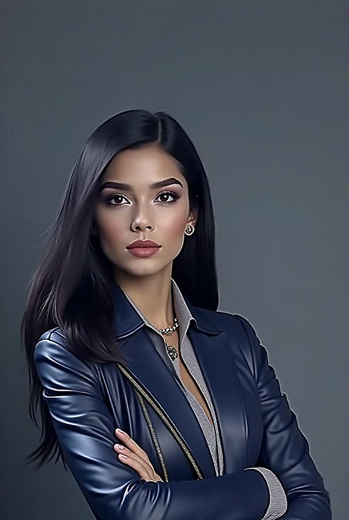 create a hyper realistic vertical photo of the most attractive happy woman in her 30s., in a blue leather business suit with very large breasts, 36d, quit (Long Bob) Brown hair, trending on artstation, portrait, Digital art, modern, smooth, very detailed, formal, definite, CEO, painted, smooth, charming, cute, soft smile, Dark red lipstick, soft lips, black eyes
