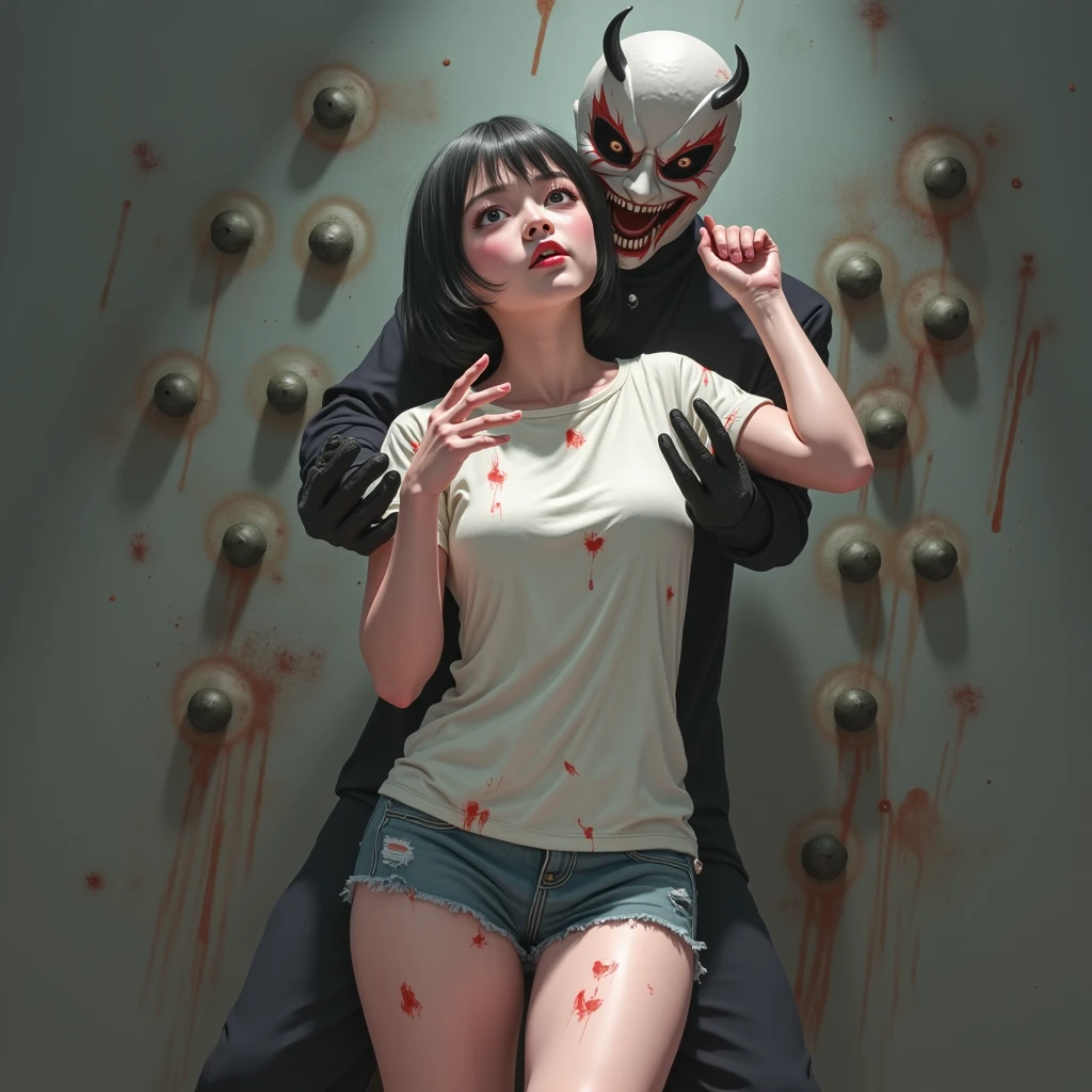 elegant dress,angry girl squatting pointing to self, breast,BLACK HAIR, teeths,crossover, boy leaning on a rock with eyes closed,[MOUSTACHE::6],white shirt, blood_on_face, <lyco:THINKMARK-v1:1.0> 8K, (masterpiece:1.4), (best quality:1.4), (high_resolution:1.4), (ultra_details:1.4),