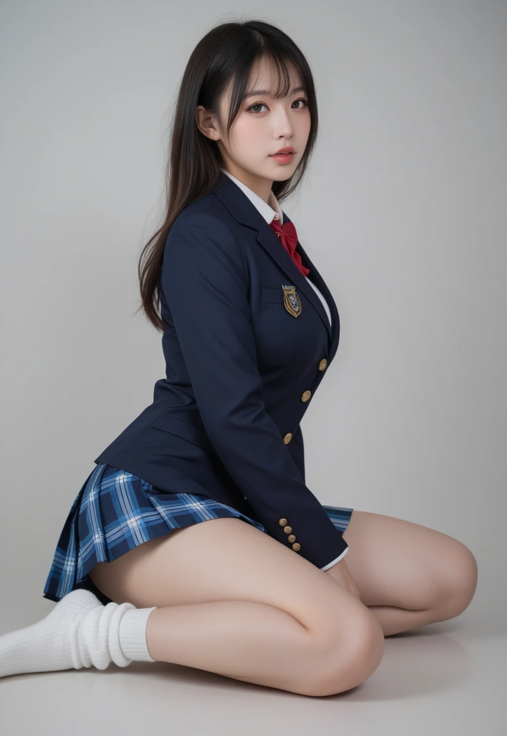 Dark blue high socks　majicMIX Real、(Raw photography:1.2)、(Photorealsitic:1.4)、The beauty of beautiful details　and delicate facial expressions、a blond、((Panties are visible))(Squatting panty shots)piercings　lewd details、huge filesize、ultra-detailliert、hight resolution、Transcendent beauty　top-quality、​masterpiece、、(Japanese girls' high school uniform))、Very detailed expression　 Magnificent、finely detail、Highly detailed face movie lighting、17 years old girl、front facing、((dynamicposes)))、(Sitting on legs with bent knees))、pleatedskirt、blazers、Sexy upper eyes、Panties、Intense bite、White pants、M word、