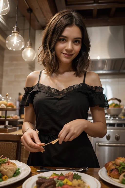 a beautiful woman in a black dress poses with one shoulder, in the style of 8k resolution, warmcore, goosepunk, focus on joints/connections, minimal retouching, handheld, candid --ar 2:3 --v 5, background busy french cafe,
