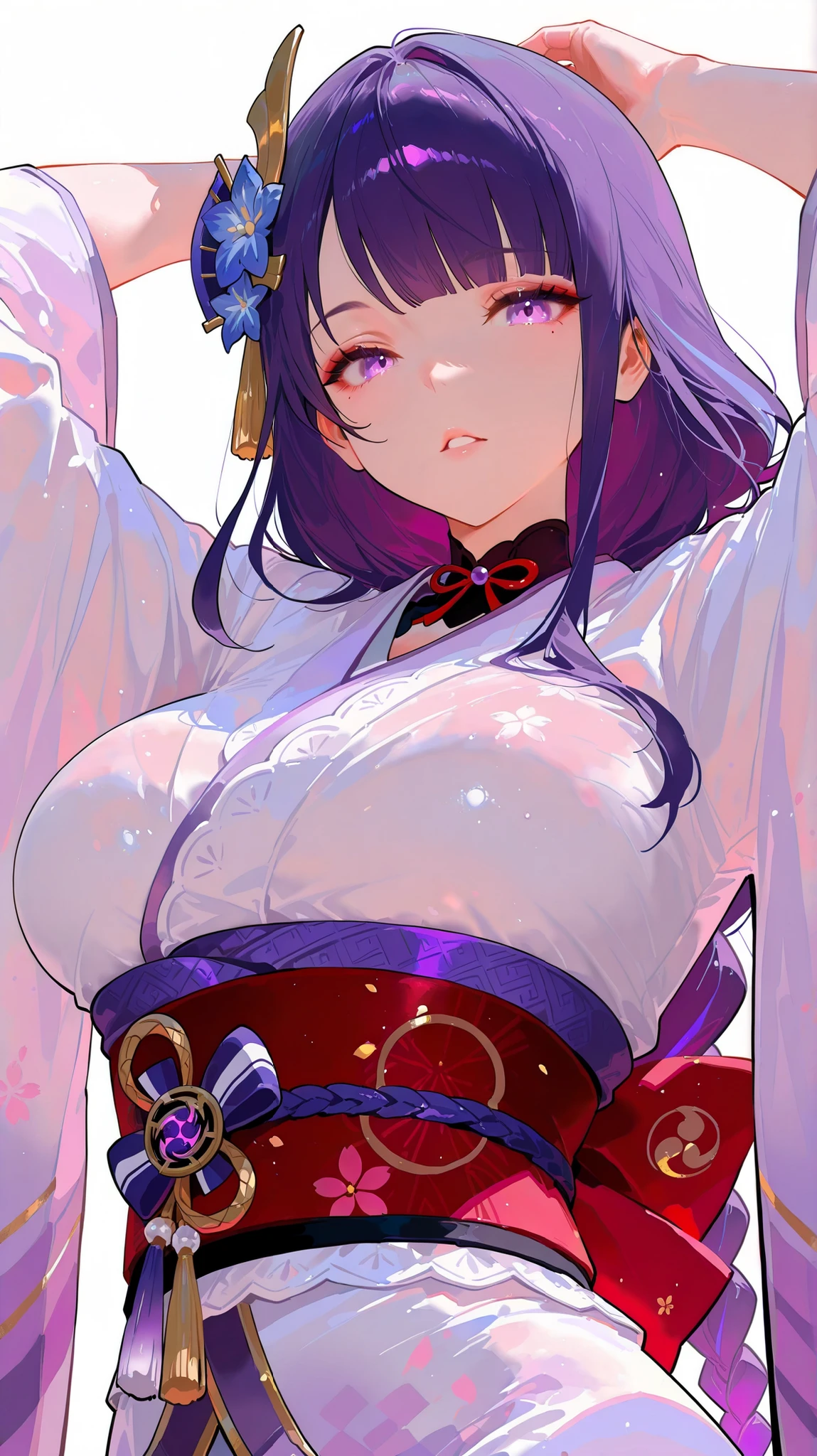 masterpiece, top quality, best quality, official art, beautiful and aesthetic:1.2),(8k, best quality, masterpiece:1.2), (((masterpiece))),(((best quality))),(((extremely detailed))), illustration, who, (masterpiece, top quality, best quality, official art, beautiful and aesthetic:1.2),(8k, best quality, masterpiece:1.2), dreikoo style, raiden_shogun_ckxl, white background, 1girl, japanese clothes, solo, kimono, purple eyes, purple hair, mole under eye, mole, sash, hair ornament, white background, looking at viewer, simple background, obi, white kimono, long sleeves, long hair, breasts, flower, wide sleeves, parted lips, upper body, hair flower, twitter username, arms up, blunt bangs