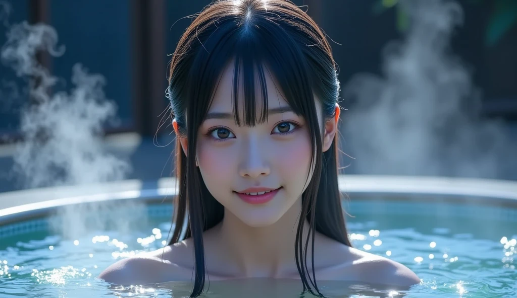 NSFW,highest quality,excellent details,ultra high resolution,Beautiful woman,girl,towel,please open your mouth wide,open air,enter hot spring,Full view of pussy,Hinoki bath