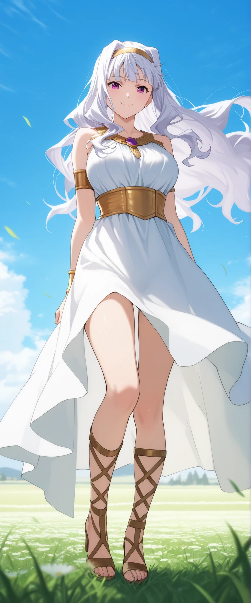 score_9 , score_8_up , score_7_up , source_anime ,1 girl, solo, Shijou Takane, white hair, long hair, purple eyes, (goddess cosplay), Gladiator sandal heels, thighs, smile quietly, (Facing the viewer, view audience), Hair blowing in the wind, (In the flowering meadow, blue sky), View of Elysium in Greek mythology, detailed background