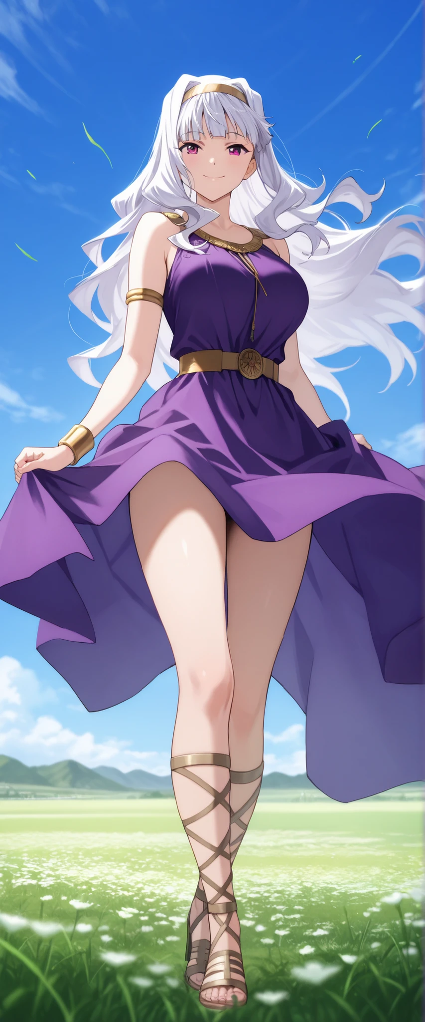 score_9 , score_8_up , score_7_up , source_anime ,1 girl, solo, Shijou Takane, white hair, long hair, purple eyes, (goddess cosplay), Gladiator sandal heels, thighs, smile quietly, (Facing the viewer, view audience), Hair blowing in the wind, (In the flowering meadow, blue sky), View of Elysium in Greek mythology, detailed background