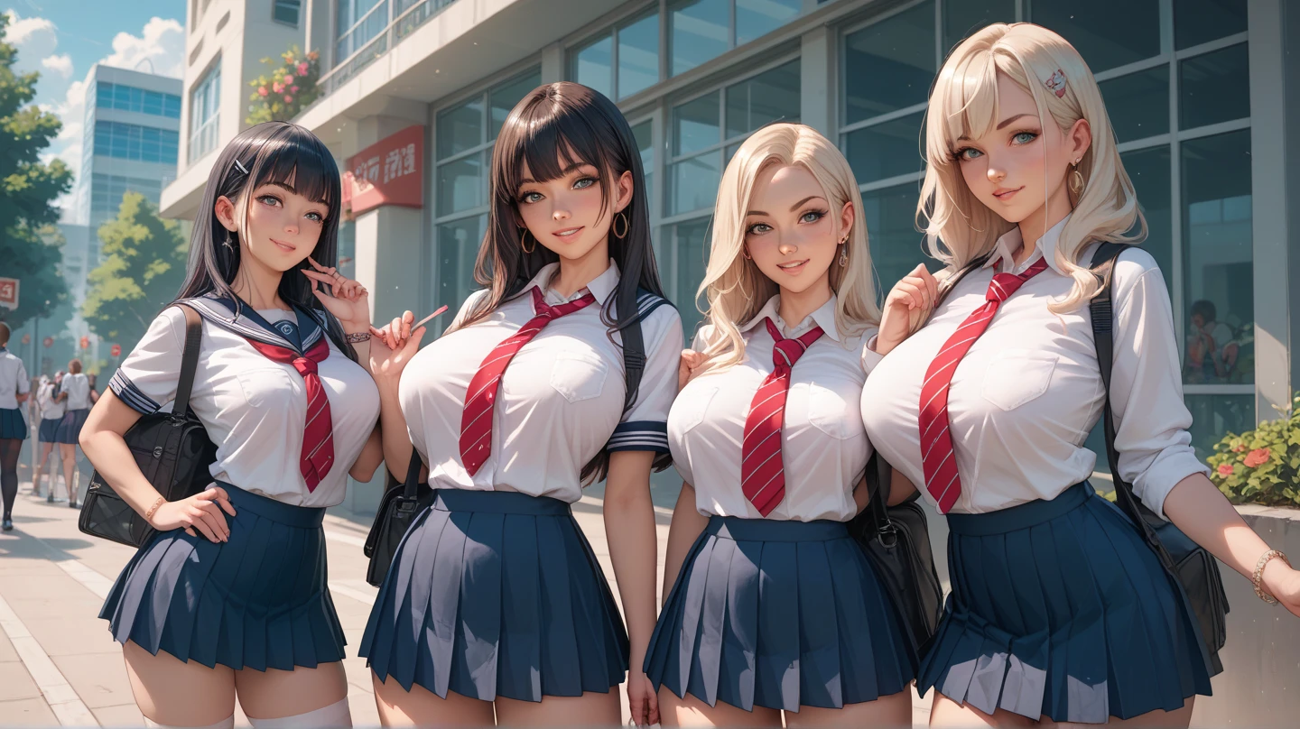 NSFW,Three naked college girls walking in student sailor suits with exposed and super short miniskirts revealing genitals,Three college girls showing their genitals,Whippy body,Glamour body,And the nipples are visible raw,genitals are visible raw,Colossal tits,ultra gigantic tits,clong legs,long thighs,thick thight,thick body,A smile,Joyful look,Showing teeth and smiling,Blonde curly hair,Long straight hair rolled up,She wears a sailor miniskirt that is so short that you can see her dark blue genitals.,Attracts attention from many men,Attracts the male gaze,Inside the station crowded with enthusiastic men,outside of house,during daytime,Inside the station watched by many men