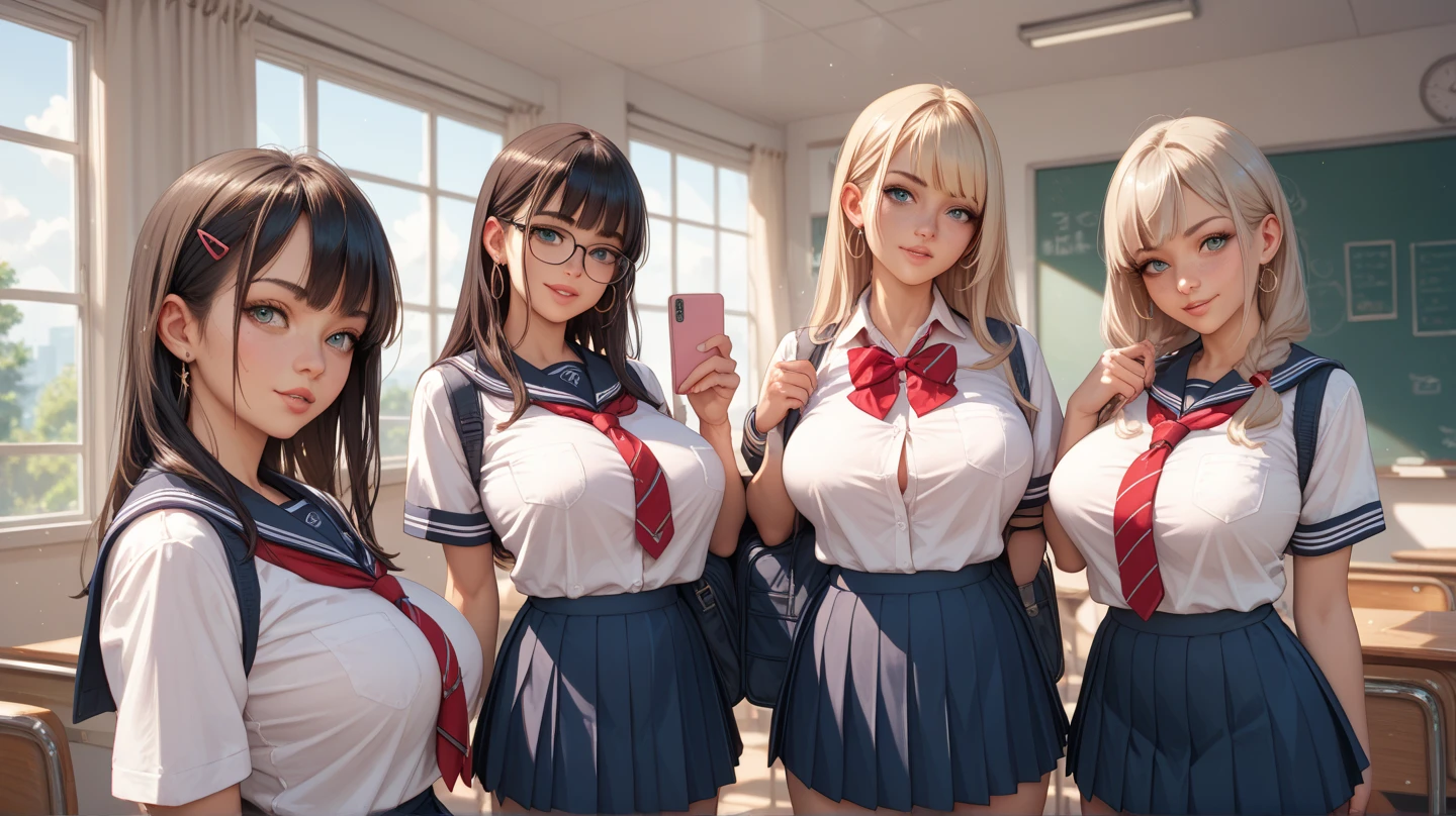 6 beauty students, 18yo, multiple hairstyles, multiple hair colors, school uniform, cleavage, open shirt, big ass, seducing, at classroom