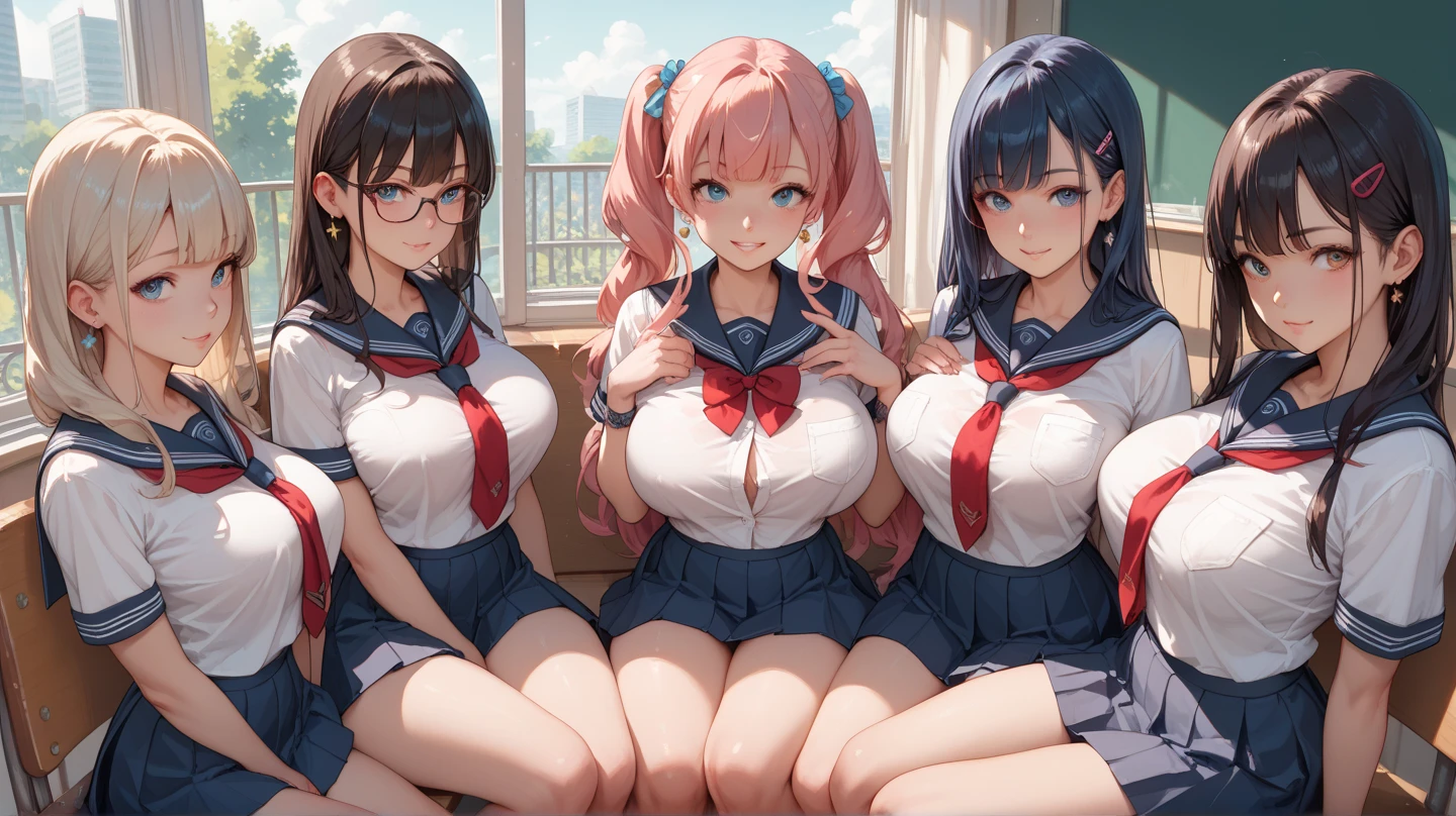 ((masterpiece, highest quality, High resolution, 超High resolution, Pixel Perfect, Written boundary depth, 4K, RTX, human development report))), , beauty、View the whole body、(masterpiece: 1.2, highest quality, masterpiece, Clearer images), (Bright colors), ((Take clear photos even from a distance)), (Multiple Girls), (harem), (School classmates), (((All school uniforms have the same design))), (((Everyone is wearing the same skirt design))), (((Everyone is wearing a swimsuit of a different color and design.))),(()), ((prostitution woman)), (In the classroom),((sitting on the desk))、((bright atmosphere))、(Have fun),((youth))、(cute Japanese((6 girls))), (((Infant face))), ((Group shot)), (Group Selfie), Wide-angle, Soft Light,(((blazer uniform, Checkered pleated skirt)))、(Slightly larger breasts), ((prostitution)), ((viewers love it)), Landscape、(((show panty:1.6)))、((breast grab)),(((bra lift:1.2)))、 (( Beautiful eyelashes, Realistic eyes)), ((Detailed face, blush:1.2)), ((Smooth texture:0.75, Vibrant Texture:0.65, Vibrant:1.1, Anime CG Style)), Medium breast, Perfect body, Beautiful curves、beautiful legs、thin、smile, attractive way to sit,((Squatting pose)), Aerith Gainsbourg, Hair Ribbon, bracelet, , Side Lock, Parted bangs, Braid, ((Award-winning design underwear))、(((Everyone wears different colors and designs of underwear.))),show panty、((((open legs:1.4)))、((breast grab:1.3)),(((bra lift:1.2)))、one eye closed、stick out one crotch、Detailed depiction of the crotch、Knee-length white loose socks、(peace sign),(Selfie)
