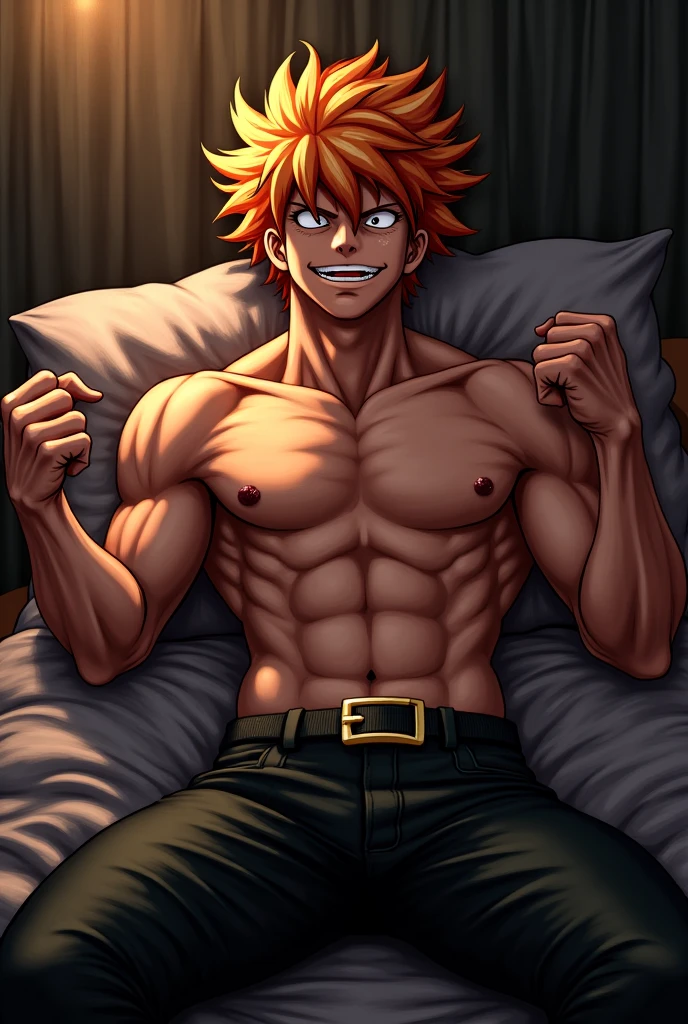 Buff man sweating laying in bed with legs behind head, Natsu Dragneel smiling, majestic and royal bedroom, (detailed:1.5)
