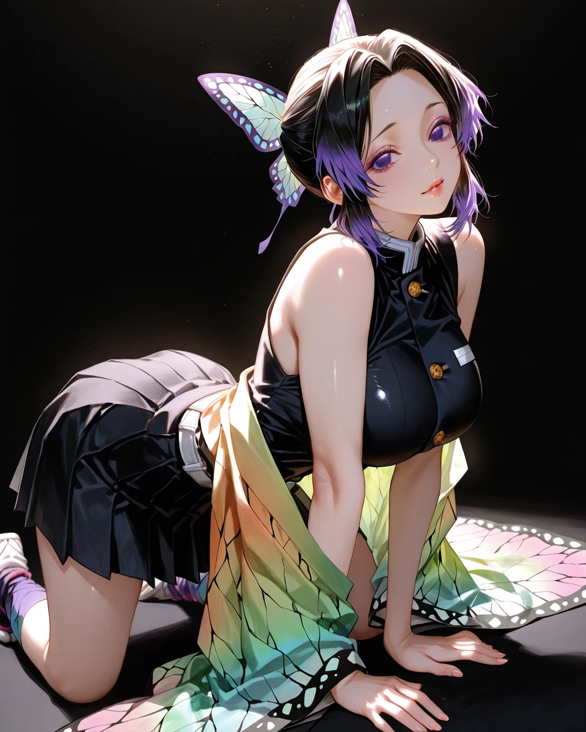 Masterpiece,Solo,1girl,Kanao Tsuyuri,(Kimetsu No Yaiba),Big Breasts,Pussy,Perfect Body,Sexy Body Hot,High Quality,High Resolution,Photograph 16K,Short Hair,Right Ponytails,On The Right Side Of The Head,Butterfly Ornamen,Dark Purple Eyes,Beautiful,Beautiful Woman,Nude,Beach Background