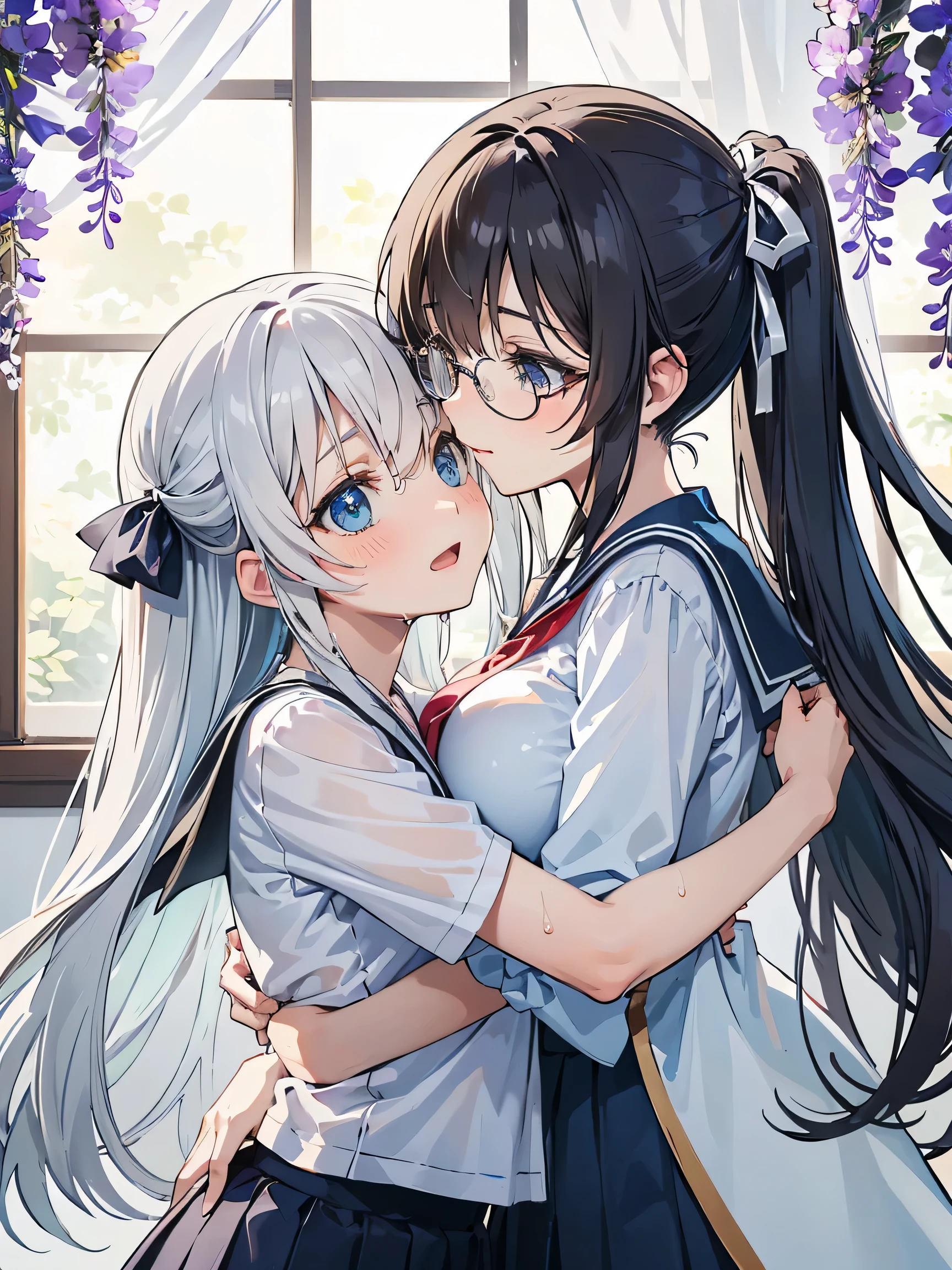 (score_9, score_8_up, score_7_up), source_Anime, absurd_res, white, blue, black, 2girls, duo, multiple girls, upper body, super fine illustration, an extremely delicate and beautiful, best quality, masterpiece, 8K, spring setting, wisteria flowers, gentle breeze, sunlight filtering through trees, BREAK
right girl is(long black hair:1.3, half updo:1.3, brown eyes:1.3, wearing glasses:1.3, round eyewear:1.3, thick eyebrows:1.3, sagging eyes:1.3, hair ribbon with light blue, ample breasts, white sailor school uniform:1.3, red tie, black pleated skirt, wet clotch, wet body, ultra-beautiful girl), BREAK
fluttering hair, gentle smile, blushing faces, surprised expression, embarrassed reaction, yuri:1.3, lesbian foreplay:1.3, looking viewers:1.3, mutual hug:1.3, breast press:1.3, dynamic pose, BREAK
left girl is(long silver hair:1.3, two side-up:1.2, blue eyes:1.2, hair ribbon with black, ample breasts, white sailor school uniform:1.3, red tie, black pleated skirt, wet clotch, wet body, ultra-beautiful girl), BREAK
soft fabric movement, fluttering petals, warm and bright atmosphere, soft lighting, delicate color palette, detailed clothing folds, flowing hair, lively spring vibe, highly detailed rendering, breathtaking composition,