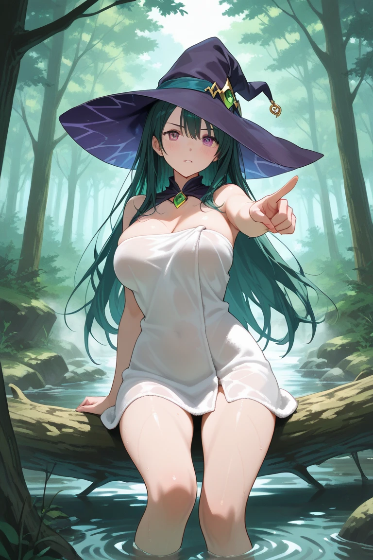Fantasy setting, 1girl, (long green hair:1.1), hair flower, pink eyes, (curious face:1.3), (blush:1.5), medium breasts, underboob, (bikini mage:1.2),witch hat, open robe, white bra, (green skirt:1.2), (microskirt:1.3), outdoors, forest at night, staff, <lora:detail_slider_v4:1.25>, Masterpiece, best quality, detailed background, intricate details, detailed, <lora:microskirt_goofy_ai:0.7>
