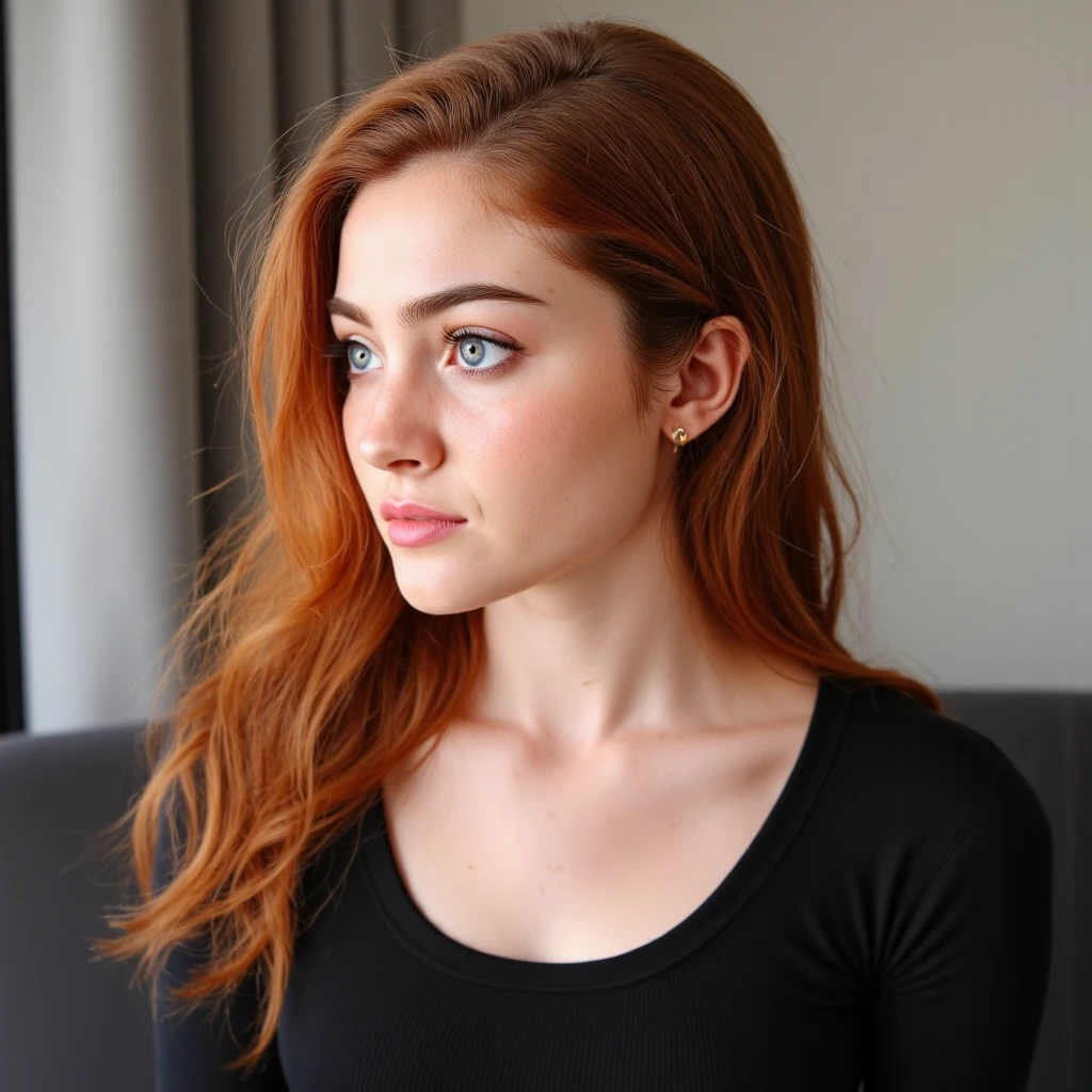 realistic portrait, photorealistic, 23 years old cute girl, WITH red HAIR, HAIR ROOTS SLIGHTLY FADED, elegant, beatifull, tv presenter, ultra hd quality