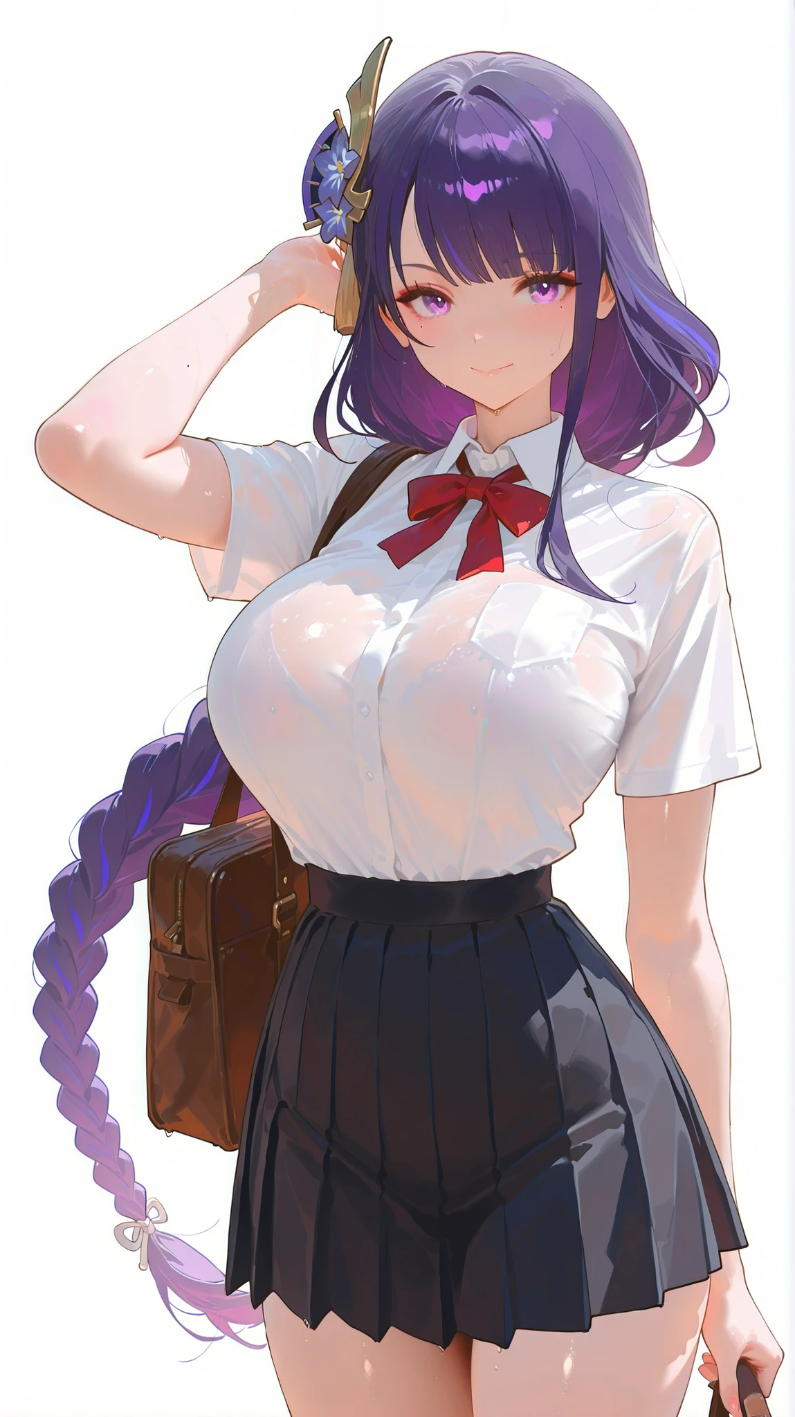 masterpiece, top quality, best quality, official art, beautiful and aesthetic:1.2),(8k, best quality, masterpiece:1.2), (((masterpiece))),(((best quality))),(((extremely detailed))), illustration, who, (masterpiece, top quality, best quality, official art, beautiful and aesthetic:1.2),(8k, best quality, masterpiece:1.2), dreikoo style, raiden_shogun_ckxl, white background, 1girl, skirt, solo, purple hair, purple eyes, shirt, long hair, breasts, bag, short sleeves, braid, white shirt, pleated skirt, school uniform, looking at viewer, large breasts, white background, smile, black skirt, collared shirt, mole under eye, shirt tucked in, simple background, very long hair, school bag, braided ponytail, holding, closed mouth, cowboy shot, alternate costume, arm up, mole, thighs, neck ribbon, red ribbon, ribbon, single braid, contemporary, sidelocks, tented shirt, standing, hand up
