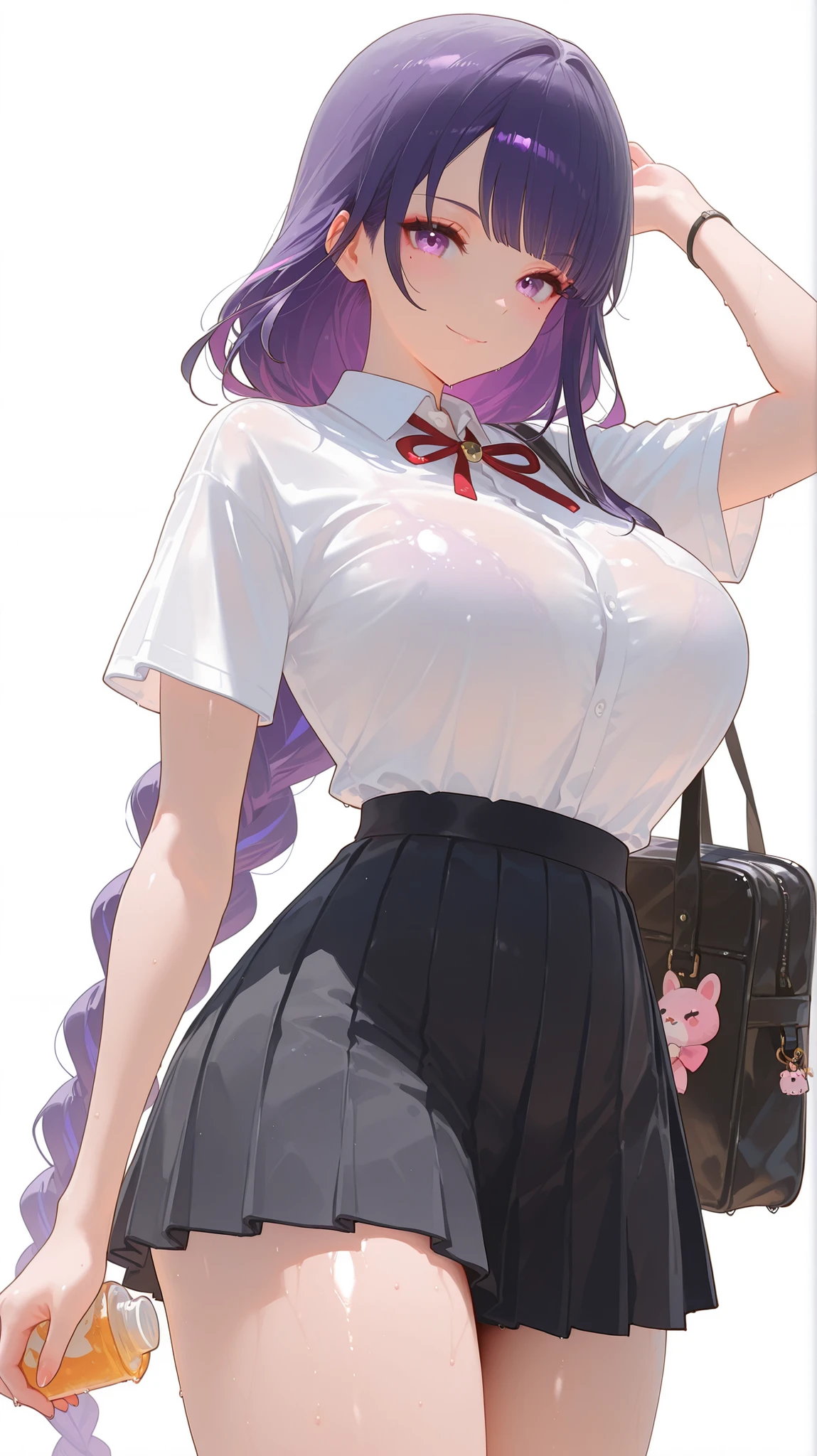 masterpiece, top quality, best quality, official art, beautiful and aesthetic:1.2),(8k, best quality, masterpiece:1.2), (((masterpiece))),(((best quality))),(((extremely detailed))), illustration, who, (masterpiece, top quality, best quality, official art, beautiful and aesthetic:1.2),(8k, best quality, masterpiece:1.2), dreikoo style, raiden_shogun_ckxl, white background, 1girl, skirt, solo, purple hair, purple eyes, shirt, long hair, breasts, bag, short sleeves, braid, white shirt, pleated skirt, school uniform, looking at viewer, large breasts, white background, smile, black skirt, collared shirt, mole under eye, shirt tucked in, simple background, very long hair, school bag, braided ponytail, holding, closed mouth, cowboy shot, alternate costume, arm up, mole, thighs, neck ribbon, red ribbon, ribbon, single braid, contemporary, sidelocks, tented shirt, standing, hand up