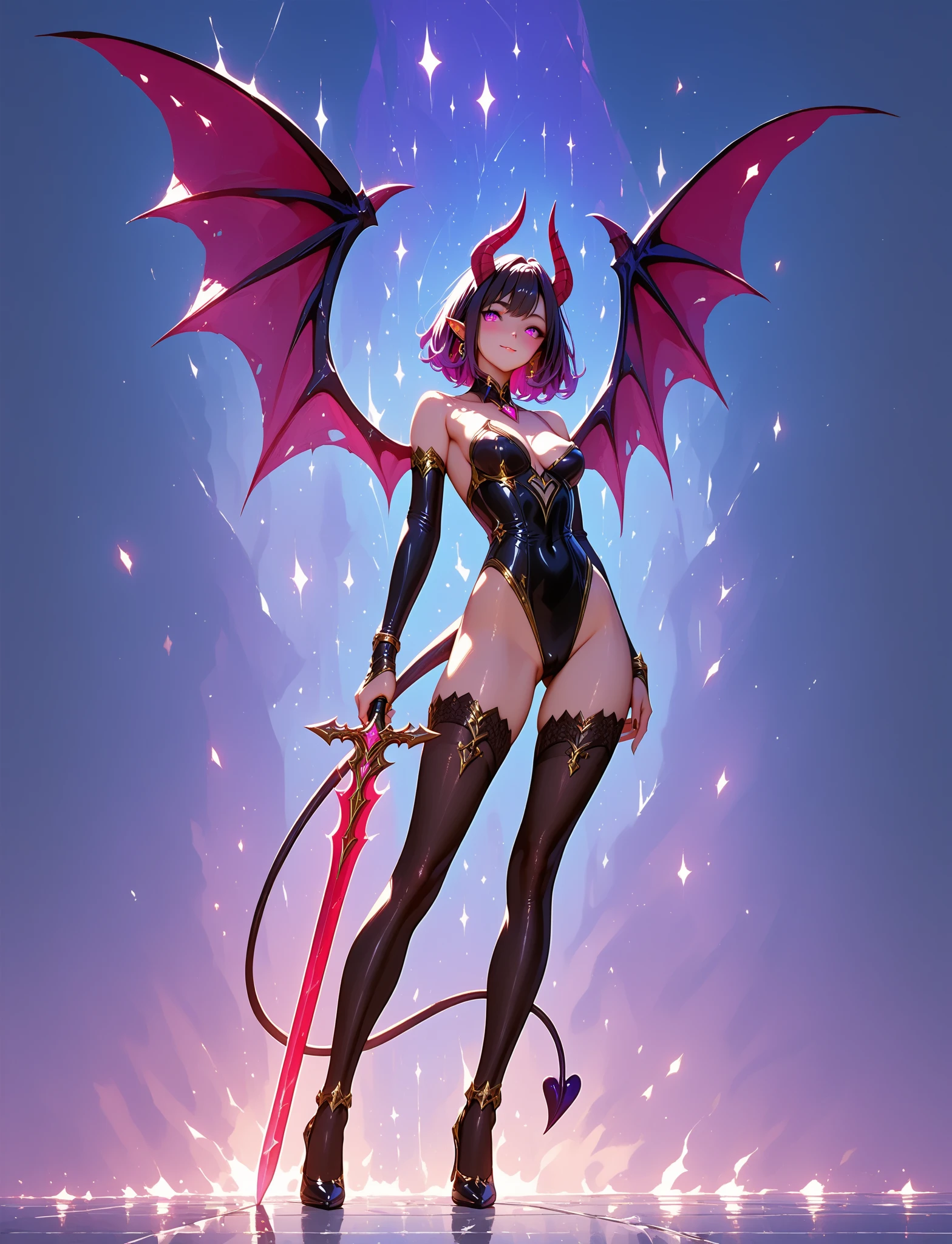 Rihanna as a hyper-giant, Hyper-powerful demon with two demon horns on his head and demon wings, Purple lightning fire on a building and shatters buildings , ville en ruine post apocalyptique,