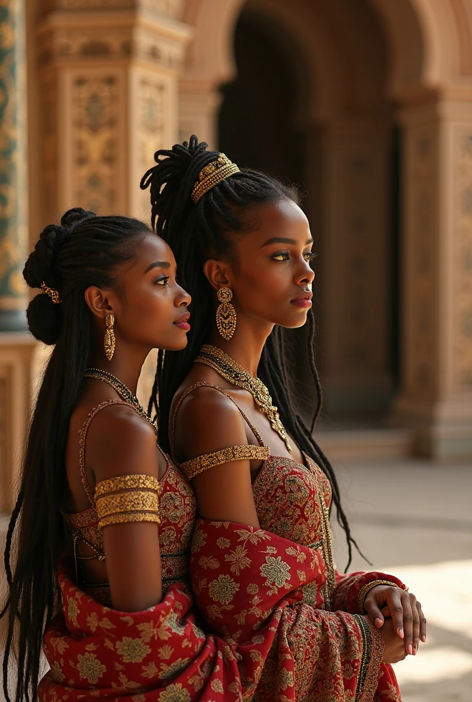 a beautiful couple, stunning black woman with curly hair, handsome latin man with brown skin, indian prince, detailed portrait, beautiful faces, chiseled jawlines, piercing eyes, lush lips, elegant poses, luxurious clothing, intricately patterned fabrics, opulent jewellery, ornate accessories, lush foliage, vibrant flowers, idyllic garden setting, soft lighting, warm color palette, cinematic composition, ultra-detailed, 8k, photorealistic, masterpiece