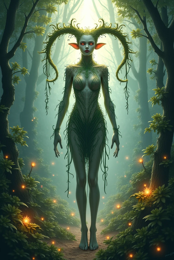 A yellow-eyed humanoid being inside the forest with tentacles