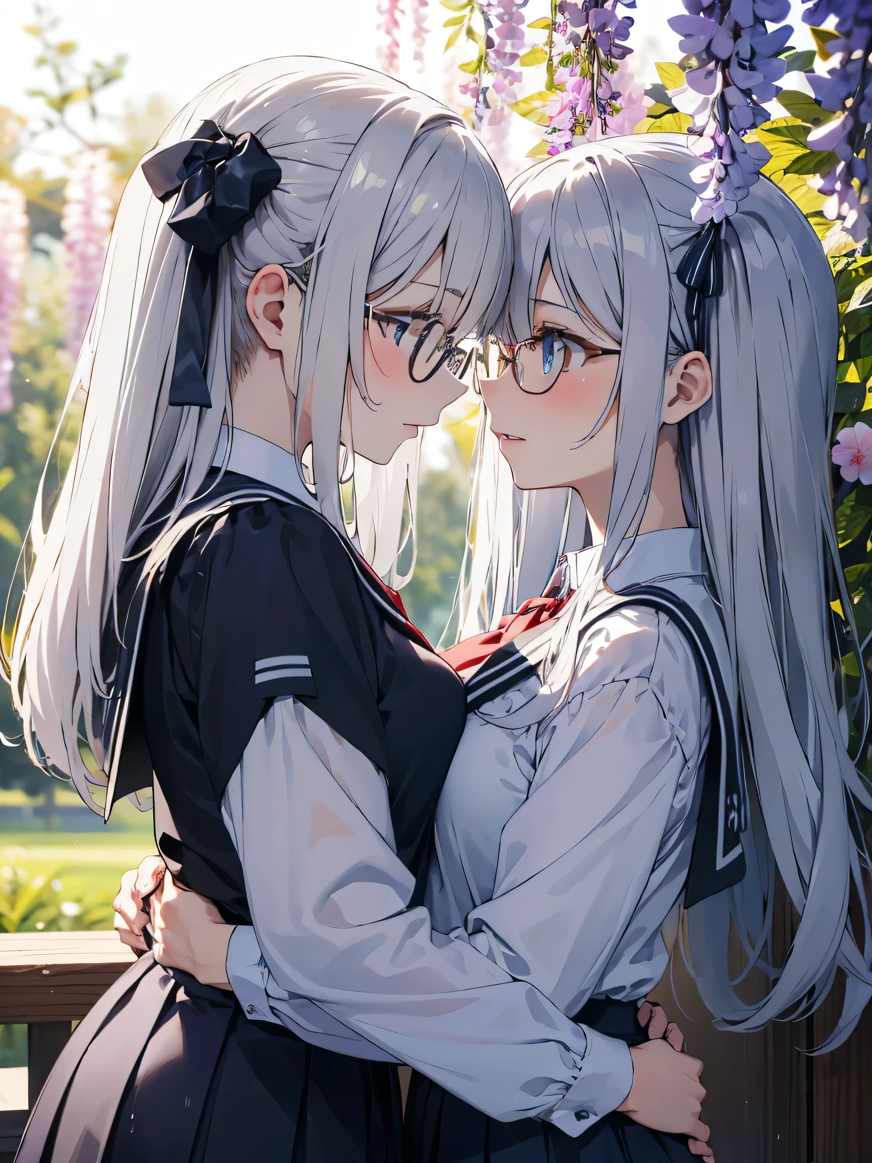 (score_9, score_8_up, score_7_up), source_Anime, absurd_res, white, blue, black, 2girls, duo, multiple girls, upper body, super fine illustration, an extremely delicate and beautiful, best quality, masterpiece, 8K, spring setting, wisteria flowers, gentle breeze, sunlight filtering through trees, BREAK
right girl is(long black hair:1.3, half updo:1.3, brown eyes:1.3, wearing glasses:1.3, round eyewear:1.3, thick eyebrows:1.3, sagging eyes:1.3, hair ribbon with light blue, ample breasts, white sailor school uniform:1.3, red tie, black pleated skirt, wet clotch, wet body, ultra-beautiful girl), BREAK
fluttering hair, gentle smile, blushing faces, surprised expression, embarrassed reaction, yuri:1.3, lesbian foreplay:1.3, looking viewers:1.3, mutual hug:1.3, breast press:1.3, dynamic pose, BREAK
left girl is(long silver hair:1.3, two side-up:1.2, blue eyes:1.2, hair ribbon with black, ample breasts, white sailor school uniform:1.3, red tie, black pleated skirt, wet clotch, wet body, ultra-beautiful girl), BREAK
soft fabric movement, fluttering petals, warm and bright atmosphere, soft lighting, delicate color palette, detailed clothing folds, flowing hair, lively spring vibe, highly detailed rendering, breathtaking composition,