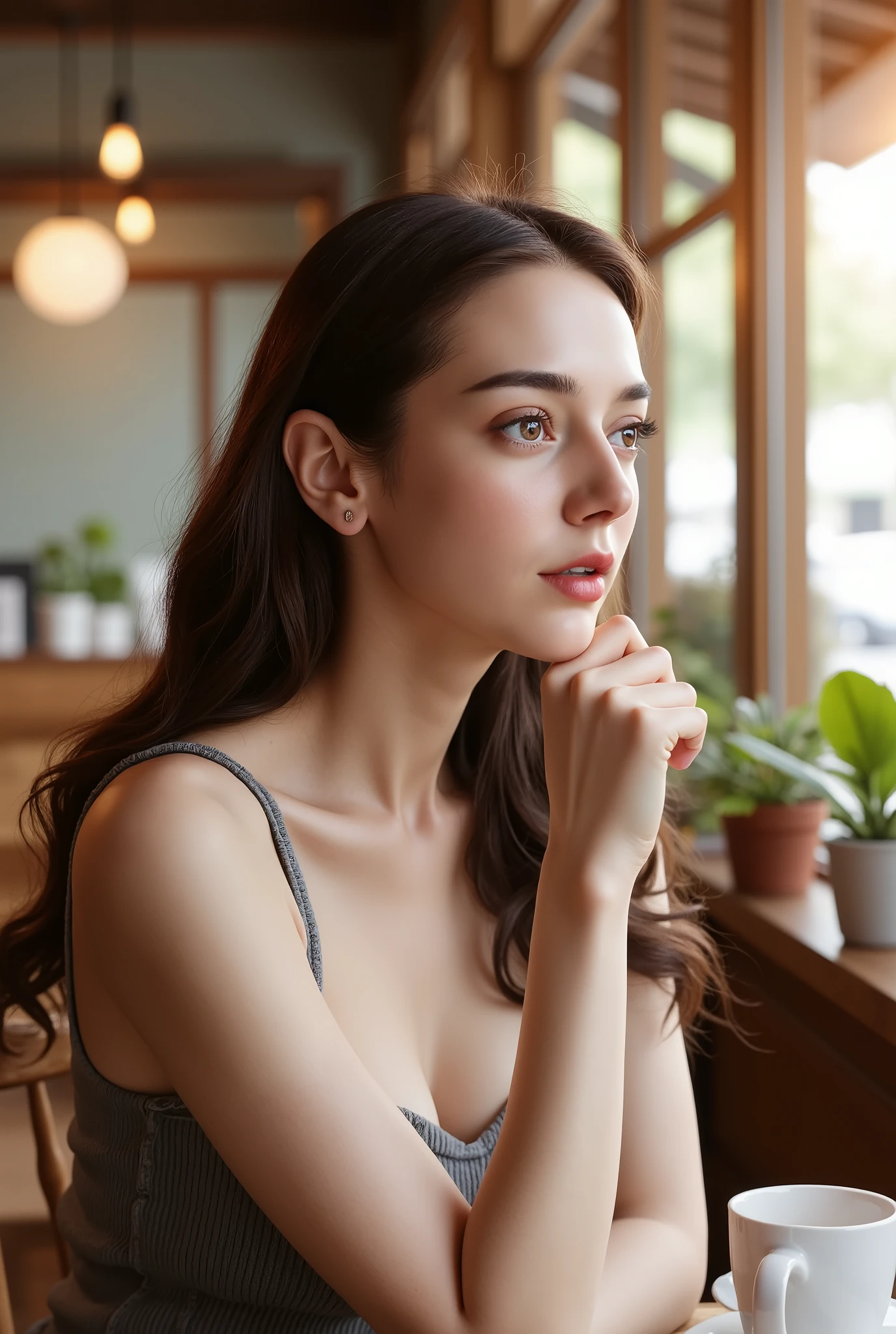 (masterpiece, best quality:1.2, 8k RAW photo, (one girl, solo, 1girl), natural soft lighting, photorealistic, realistic skin texture, high detail, full body photograph), in a coffee shop
