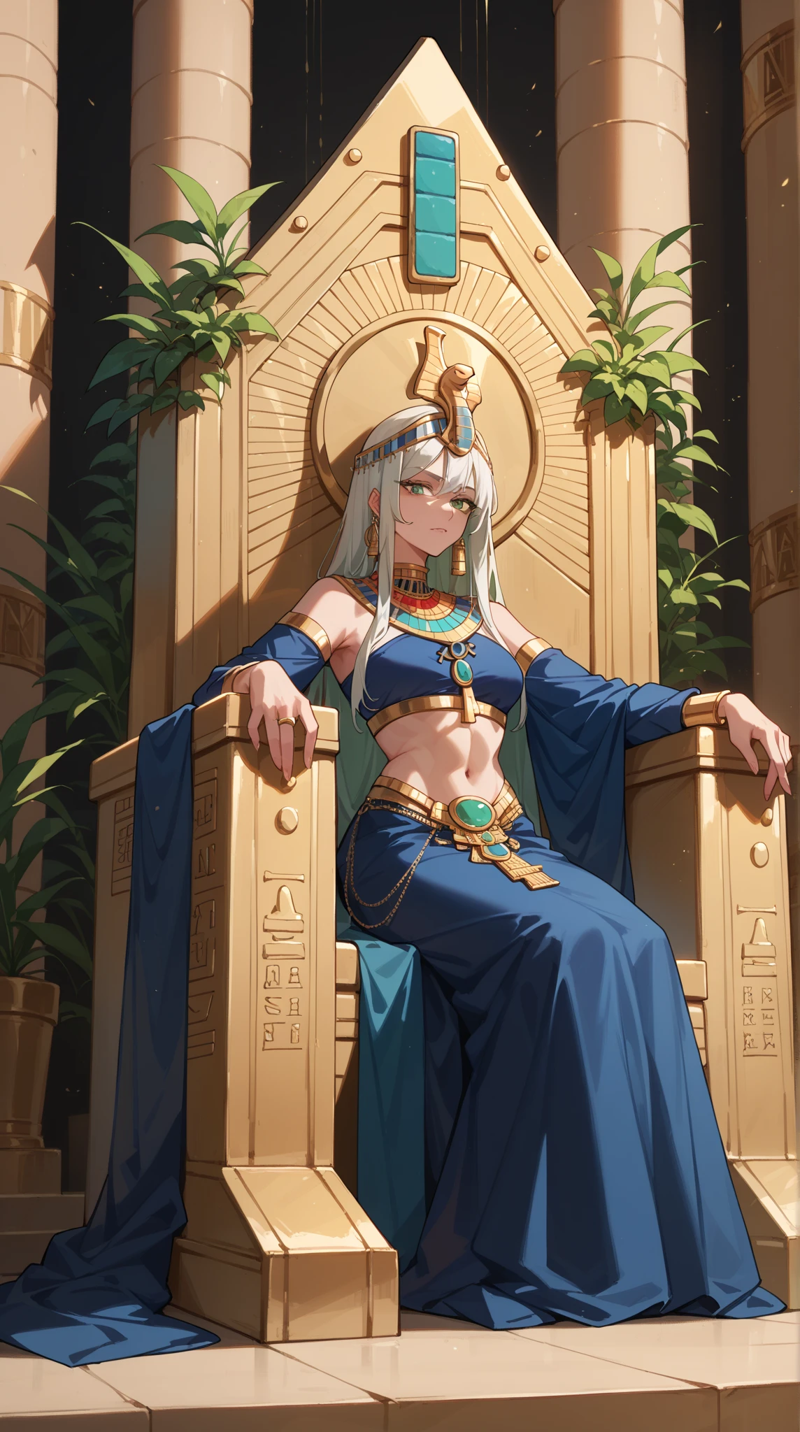 (masterpiece, Highest quality, Highest quality, Official Art, beautifully、aesthetic:1.3), (One woman:1.3), Very detailed, colorful, Most detailed,((Super detailed)), (Highly detailed CG illustrations), ((Very delicate and beautiful)), Cinematic Light, alone, (Abstract art:1), whole body, night, ((ancient Egypt theme)), (Jackal ear decoration), pyramid, staff, (Money), Moneyen ornaments, ((Expressionless)), Large Breasts,Pharaoh, Hieroglyphics, Portraiture, Active Pause, Headlight, tooth, Sitting, relic,