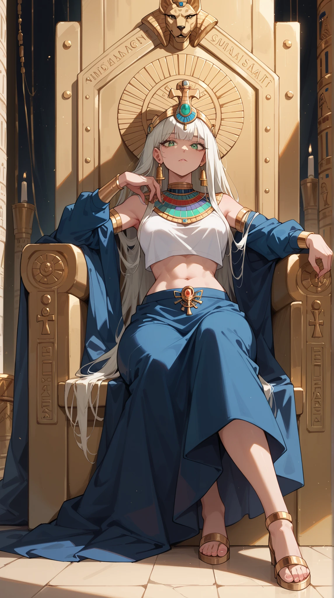 Woman, light green skin , white hair, long hair, crown, crop-top, long sleeves, dark blue skirt , long skirt, jewellery, evil look , in ancient Egypt , the throne behind her , throne in the background, golden throne, in ancient Egypt 