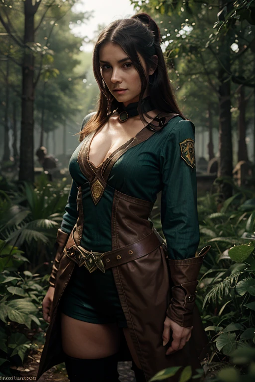 (masterpiece, top quality, best quality, official art, beautiful and aesthetic:1.2), (1girl:1.3), dark brown hair in a single braid, extremely detailed, portrait, looking at viewer, solo, (full body:0.6), detailed background, close up, cat eyes, (warm summer forest theme:1.1), busty (elf) ranger, charlatan, smirk, mysterious, walking in forest, revealing ranger attire, brown leather, cowl, cloak, corset, long boots, buckles, straps, pouches, bow and arrow, green fabric, brown leather, ((gigantic breasts), skindentation, cleavage), slim waist, slim hips, long legs, medieval (forest exterior:1.1) background, dark mysterious lighting, shadows, magical atmosphere, dutch angle