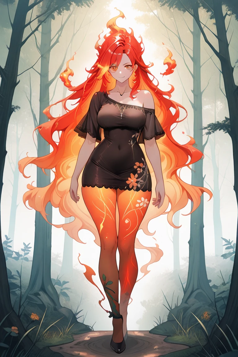 BREAK Perfect Anatomy、(High resolution:1.2)、Incredible illustrations、(Cute illustrations:1.2)、() (Beautiful background(forest)) 1 girl(Red hair, long curly hair, red eyes,tattoos, ,tan skin:1.5)(young adult woman:2.0)Kyungsy Girl(Full body view)