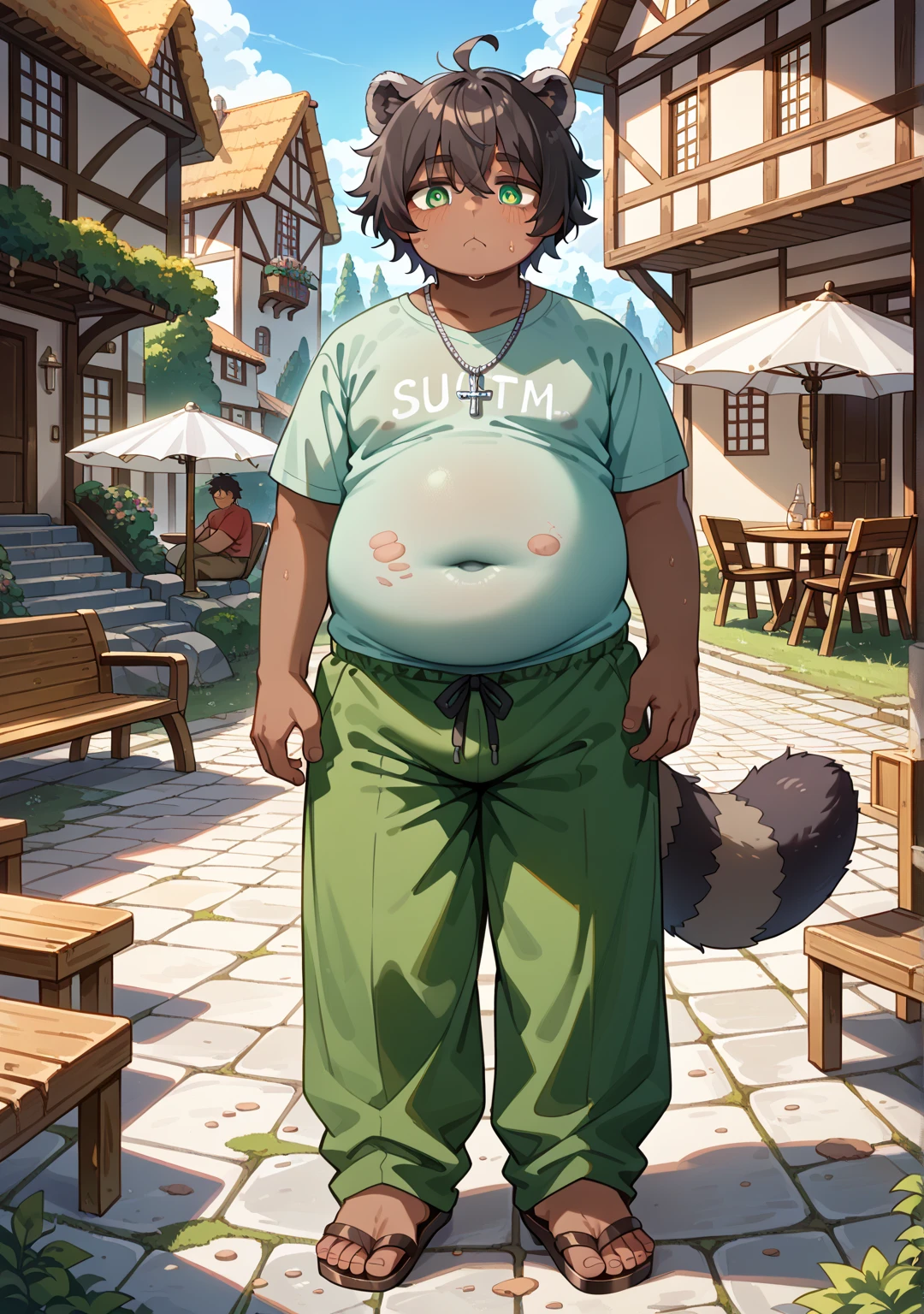 White-skinned wolf boy,obesity,abdomen,Black loincloth with drawstring,red sandals,White paws,Orange hair,Thick legs and arms