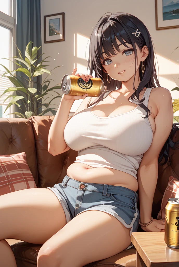2d, Top Quality, (Masterpiece), (Full Length), Aya Shameimaru,(Shiny Jet Black Hair: 1.6), Short Cut, (Brown Lady), (Healthy Dark Skin), (Suntan Scars), Collarbone, (Denim Hot Pants), (Tank top), JK, Glowing just plays, just play, Beautiful Brown Eyes, Attractive Thighs, Big Tits, Bedroom, On Bed, Window Light coming in through the window, Erotic expression, Heavy sweat, Wet hair, Drops dripping from hair, Beer can in right hand, It's hard to breathe, Bold pose
