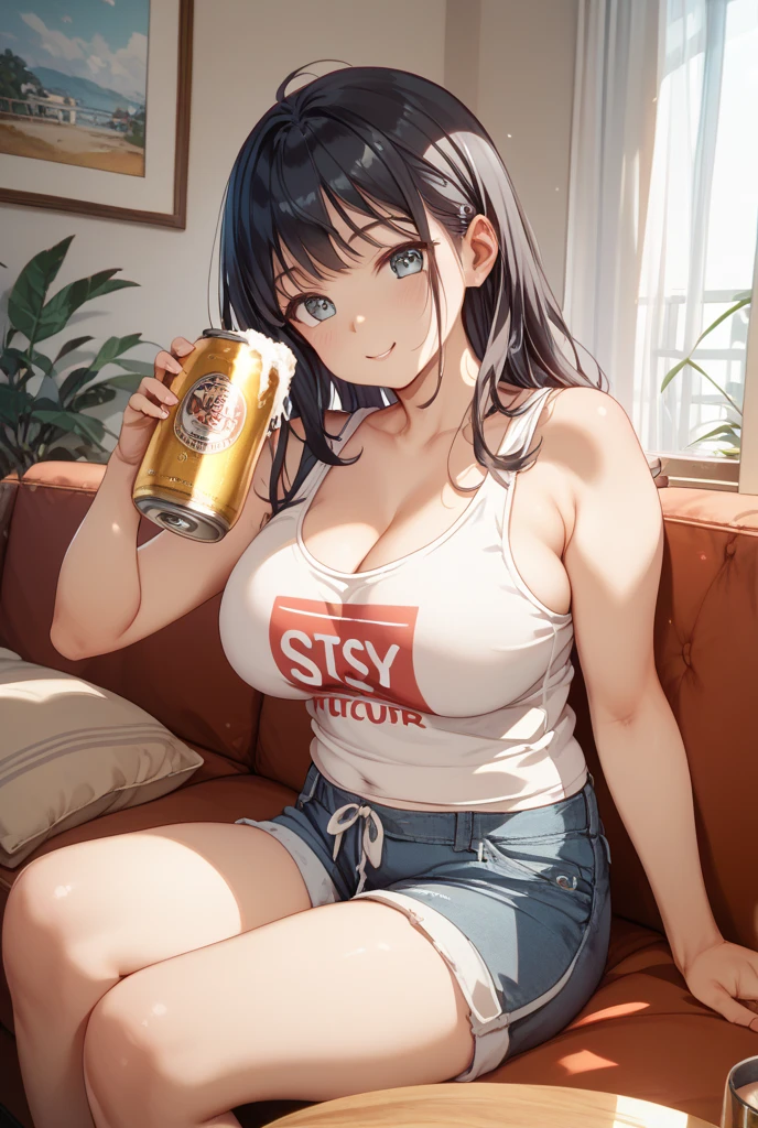 2D,highest quality,(masterpiece),(full body),Shameimaru text,brown hair short cut,healthy dark skin,(denim hot pants),Tank top,Shiny bare legs,barefoot,beautiful brown eyes,attractive thighs,big breasts,Bedroom,Get drunk,Cans of beer,upper grade,cheeks are bright red,Cute with bruises,devilishly sexy,erotic look,large drops of sweat,It's stuffy,bold pose