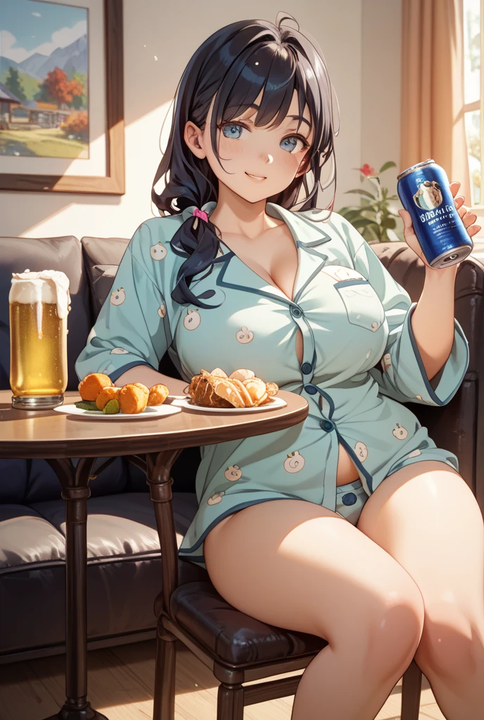 8k, {best quality}, {very aesthetic}, {ultra-detailed}, {best illustration}, high school girl, An exquisite living room bathed in the morning sun, {breakfast},　Fried egg,　{A big smile},　Eat deliciously, comical,