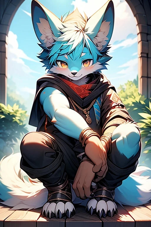 best quality, young,boyish,thin, 14 years old, hairy, alone, male wolf,wolf orc, light blue fur, Light blue ears, animal ears, yellow eyes, Doll hands, well proportioned body, topless, Wear Shaolin legs, topless