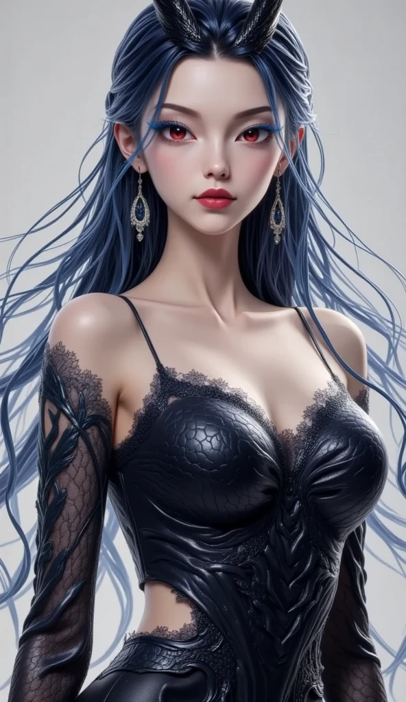 Create a photo realistic hyper realistic heavily tattooed chinese, perfect face, curved natural eyebrows, long luscious eyelashes, black eyeliner, black eye shadow, curved lips, bright lipstick, long luscious natural hair, black lace choker collar, golden ratio body, black corset, black thong, sitting in a bed one and in hair the other hand over mouth,