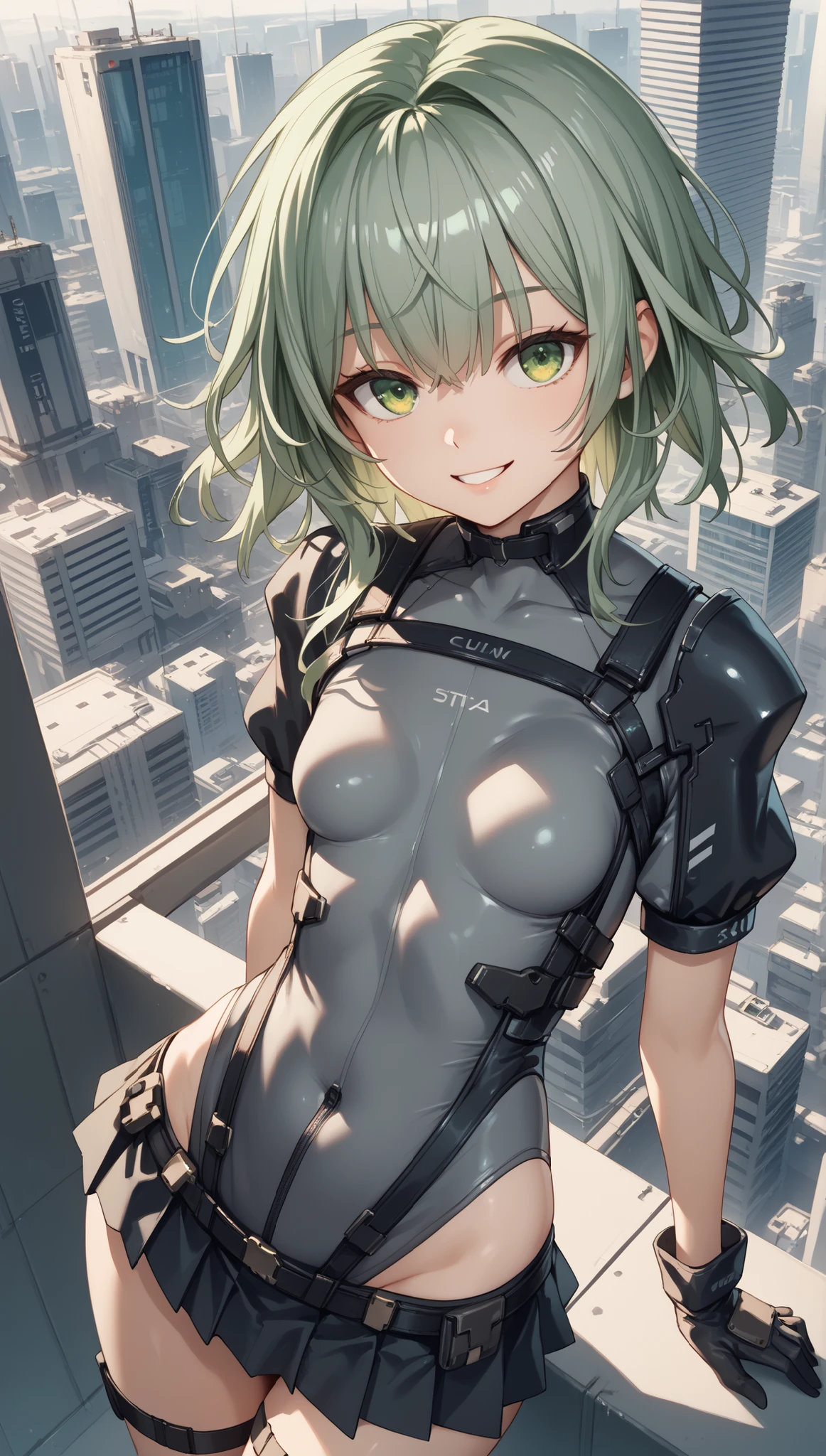  ung_girl, solo, long_shaggy_hair, green_hair, long_bangs,bare_shoulders,short sleeves, (thin_gray_bodysuit), black_harness, green eyes, very_short_front_cutout_skirt, dettached_long_sleeves,gloves, light_smile, in futuristic city, , high quality,crotch, slouch,groin,dynamic_angle,black_hair_band,small_breasts,