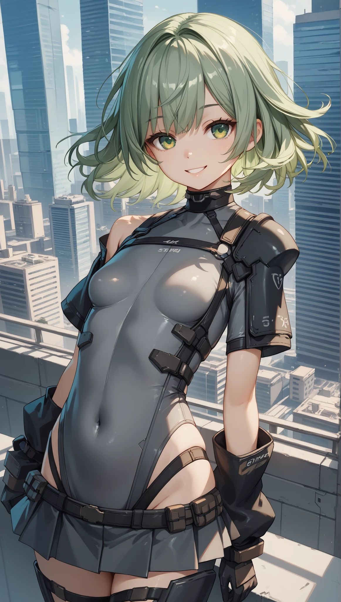  ung_girl, solo, long_shaggy_hair, green_hair, long_bangs,bare_shoulders,short sleeves, (thin_gray_bodysuit), black_harness, green eyes, very_short_front_cutout_skirt, dettached_long_sleeves,gloves, light_smile, in futuristic city, , high quality,crotch, slouch,groin,dynamic_angle,black_hair_band,small_breasts,