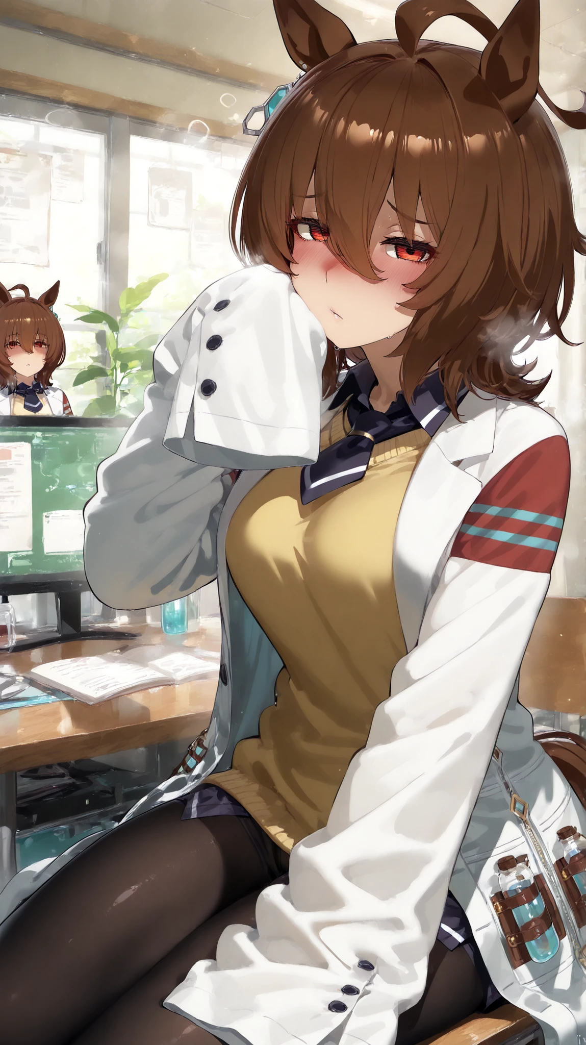 score_9, score_8_up, score_7_up, source_anime BREAK, high quality, 8k, usnr, Mizumizuni,
agnes tachyon \(umamusume\), lab coat, tie, red strong eyes, ((sleeves past fingers:1.2)), (yellow sweater), pantyhose, mature girl, highlighten eyes,
looking at viewer, sleepy, 目のクマ, school lab, sleeplessness, sitting in desk, lean behind, (young girls),