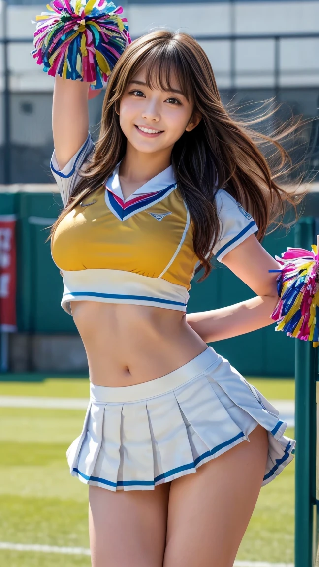 (((Sleeveless cheerleader Costume))),(((holding a pom-poms))),(((Skirt lift:1.5))),(((cleavage cutout))),(((running))),(((bare inner thigh))),(((bare sport panty))),ulzzang-6500-v1.1, (Raw photo:1.2), (Photo realistic:1.4), a beautiful detailed girl, extremely detailed eye and face, beautiful detailed eyes, ultra-detailed, High resolution, top-quality, masterpiece, highly detailed, 8k wallpaper, Wonderful, finely detail, top-quality, Light on the face,电影灯光,1girl in,(Taoyuan International Baseball Stadium in Taiwan),Beautiful eyes,smile,Opening Mouth