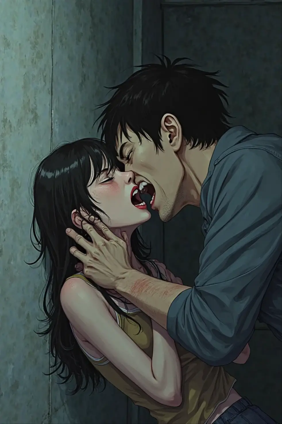 A cannibal man is sitting on his knees and trying to feed a piece of meat to a woman, a man dressed in a shirt and old jeans, pleasant appearance. the woman is naked and does not want to eat, but she is forced with love. Anime style