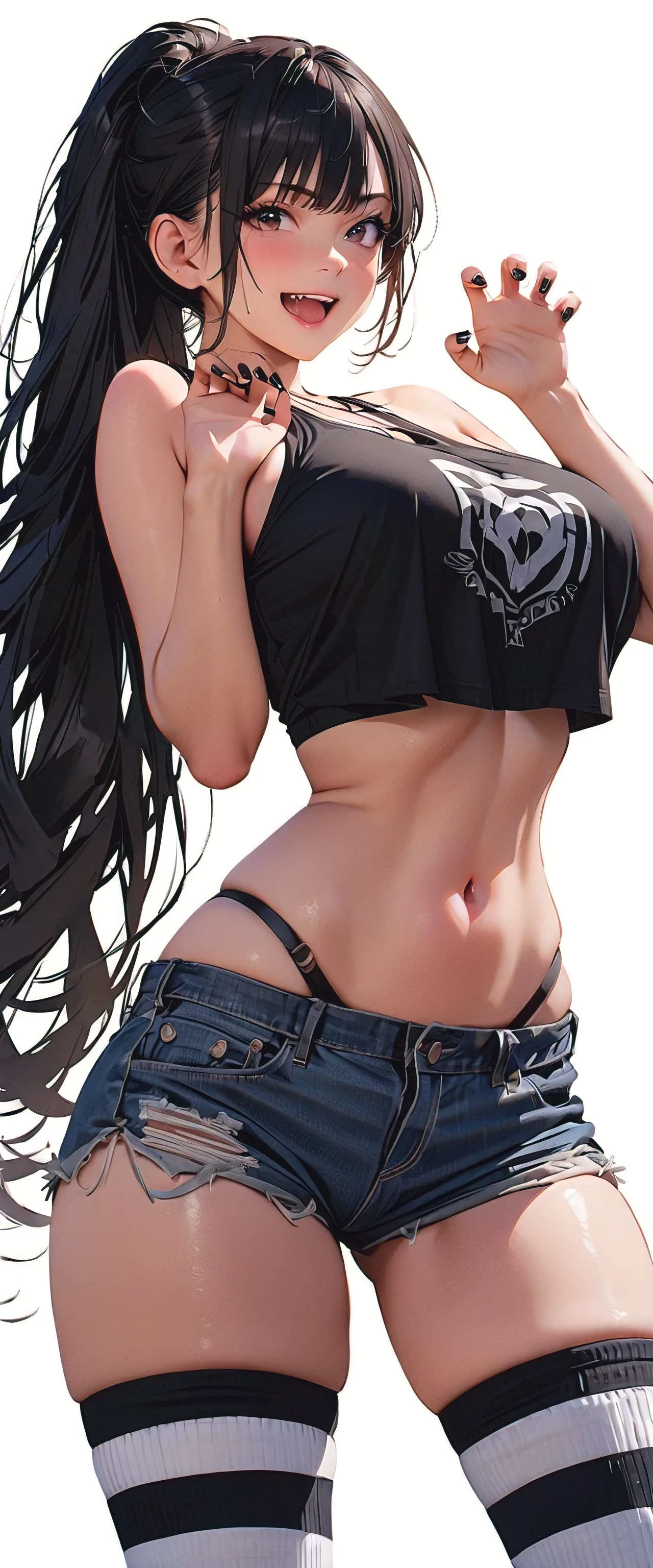 Girl, bangs, bare shoulders, raised arms leaking out of armpits, black shorts, extra huge breasts, breasts squeezed together, white maxi top, gray background, hair between eyes, long hair, super short pants, parted lips, red eyes, simple background, solo, full body photo
