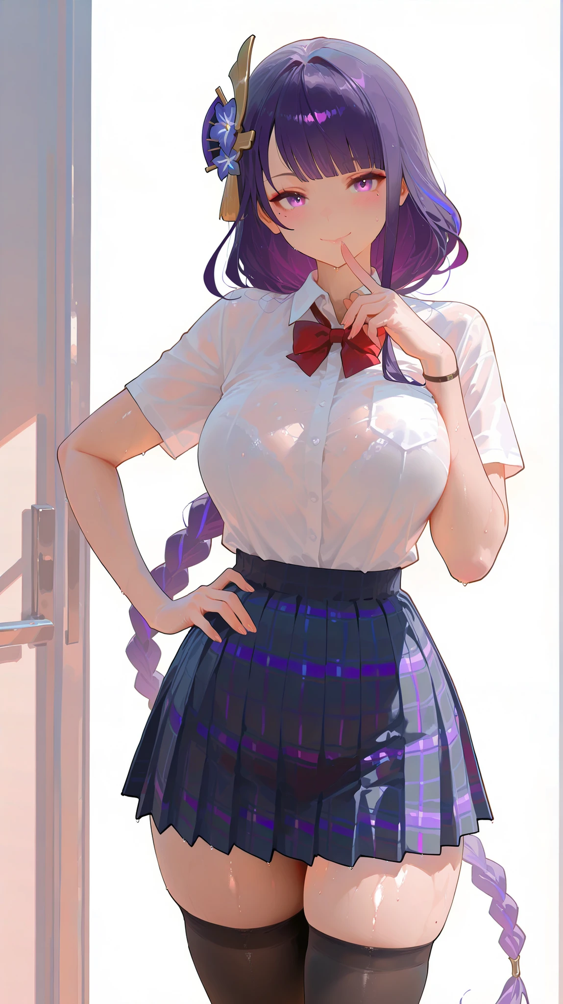 masterpiece, top quality, best quality, official art, beautiful and aesthetic:1.2),(8k, best quality, masterpiece:1.2), (((masterpiece))),(((best quality))),(((extremely detailed))), illustration, who, (masterpiece, top quality, best quality, official art, beautiful and aesthetic:1.2),(8k, best quality, masterpiece:1.2), dreikoo style, raiden_shogun_ckxl, white background, 1girl, solo, thighhighs, skirt, zettai ryouiki, long hair, purple hair, school uniform, purple eyes, short sleeves, looking at viewer, alternate costume, black thighhighs, bowtie, hair ornament, hand on own hip, contemporary, bow, pleated skirt, sidelocks, finger to mouth, plaid skirt, simple background, plaid, shirt, smile, white background, blunt bangs, red bowtie, white shirt, red bow, breasts, collared shirt, flower, mole under eye, mole, low ponytail, braid, blush