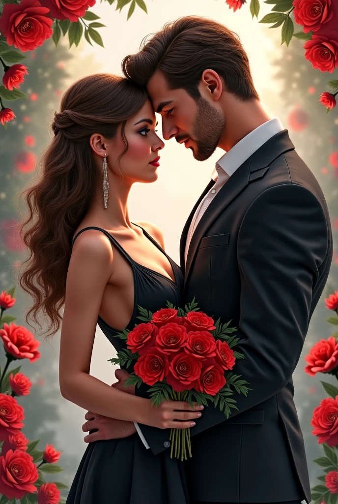 araffe couple in a rose garden with roses and a pergol, 2019 trending photo, with dark grey hair, shooting pose, kyza saleem, warm colors advance, influencer, widescreen shot, various seducing poses, color grading, winter season, from left, cinema still, adreas rocha, labile temper, cute pose