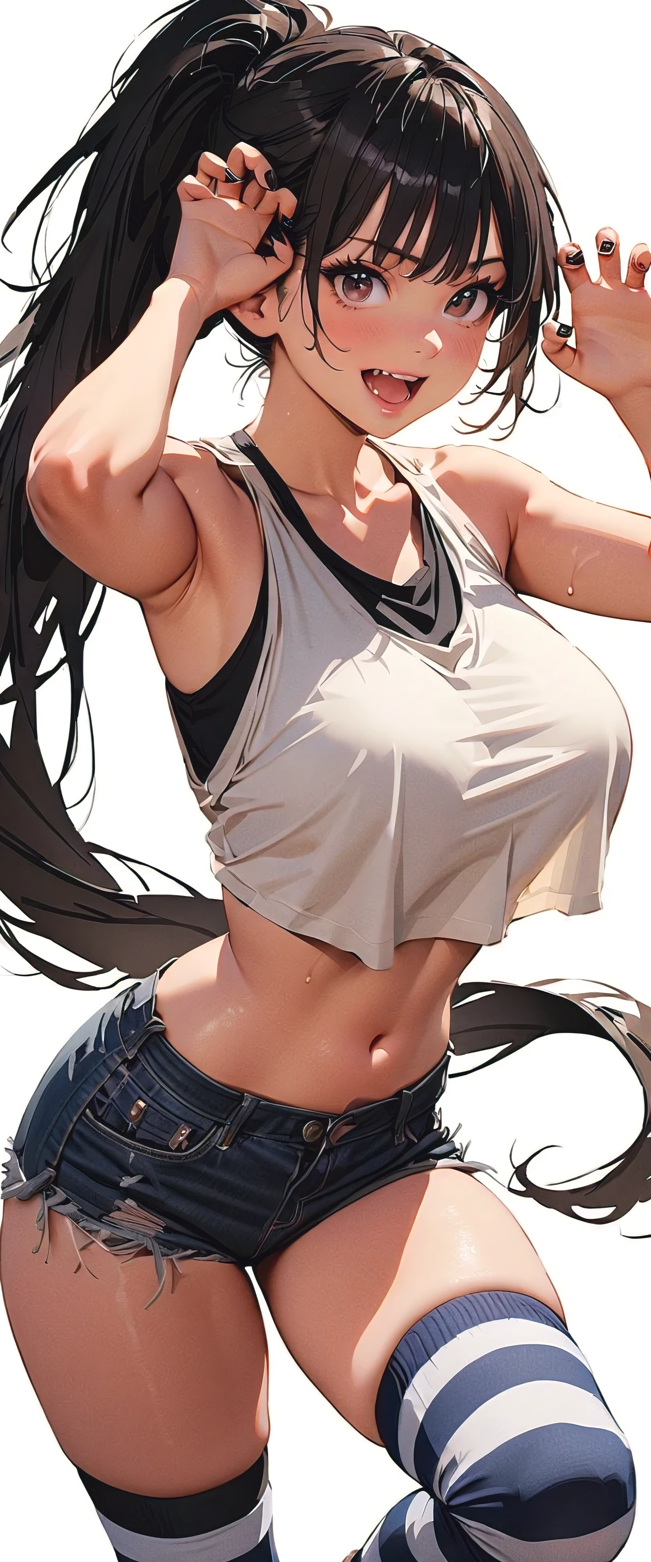20 years old,1 mature woman,hyperrealistic, 8k, (extremely detailed 8k), (very delicate and beautiful), (masterpiece), (better quality:1.0), (ultra high resolution:1.0), (masterpiece, best quality),cute,black hair,cowboy shot,white background,realistic skin,model posing,big breasts,expressionless,hair over one eye,medium length hair,black nail,extra long hair,Sweatpants,looking down