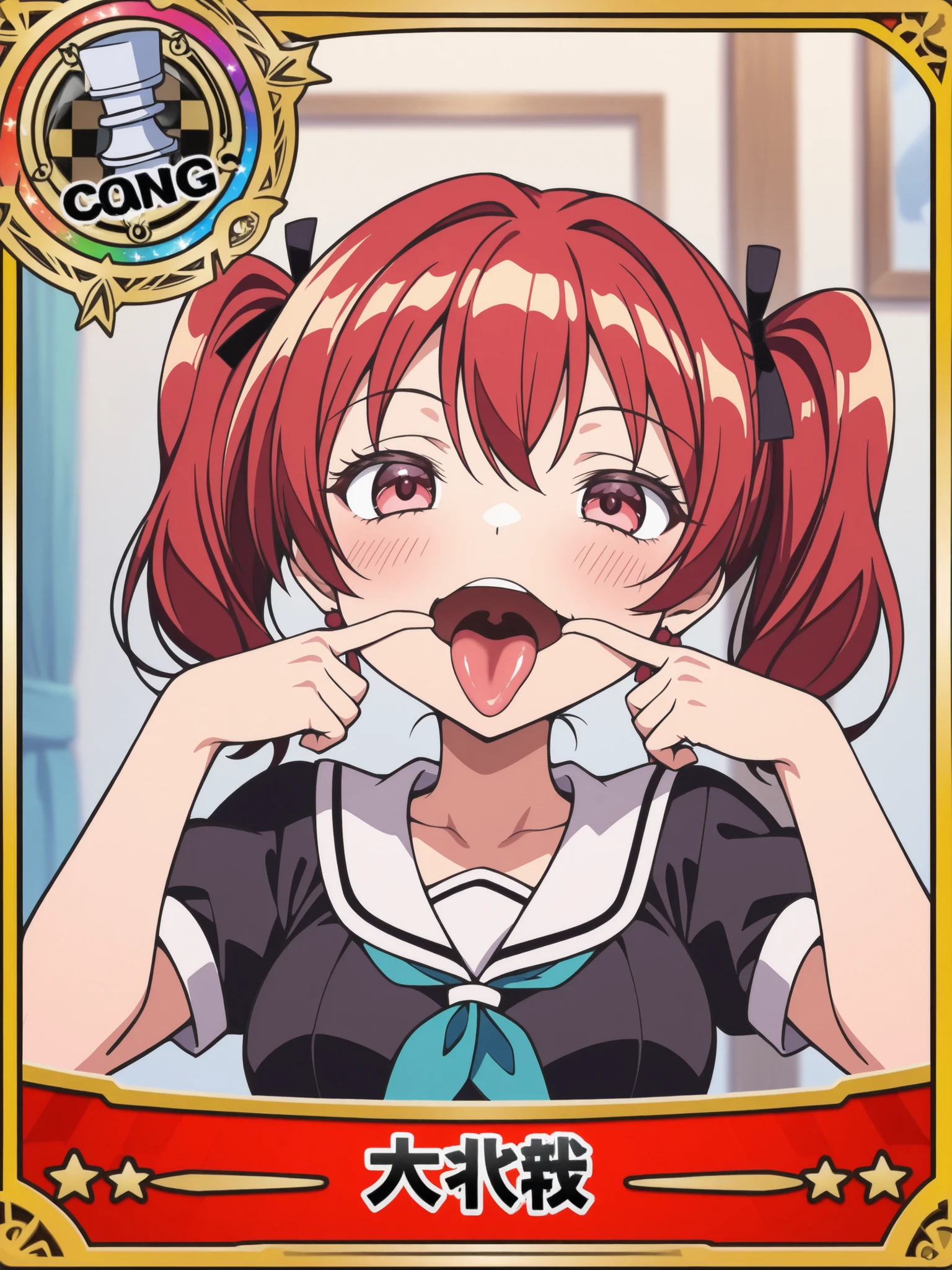 1 petit girls, single, alone, Beautiful Anime Petit Girl,
((light orange eyes,half opened mouth,blush:1.5,big smile,
short hair:2.0, wavy hair, messy hair:1.2, Ahoge, long bangs, red hair)),((big breasts)),((playboy bunny,black leotard,))