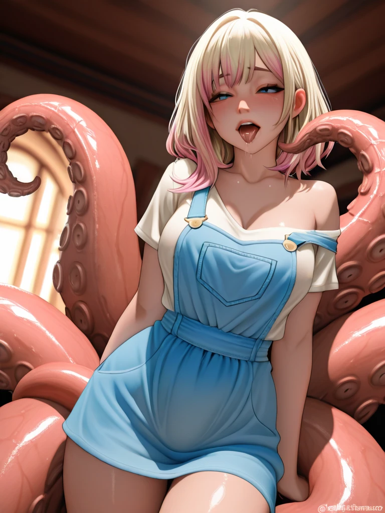 official art, masterpiece, sharp focus, (beautiful gorgeous cute Korean woman:1.3), (beautiful cute korean:1.3), korean beauty, Delicate and beautiful hair and eyes and face, realistic, ultra detailed, beautiful girl, blue sky, glow white particle, (sidelighting:1.2), sun light, white cloud, detailed clouds, slender, Lovely very large breasts, smile,, scenery, long straight hair, sexy facial expression, building, (cityscape:1.7), dynamic hair, long straight hair, detailed platinum pink hair, glow blue eyes, (blue pleated shirts + white skirt), white long socks, pale skin, hair ornament, epic scenery, <lora:crazyFace_v10:0.8>,tongue out, teeth,tentacles, open mouth,